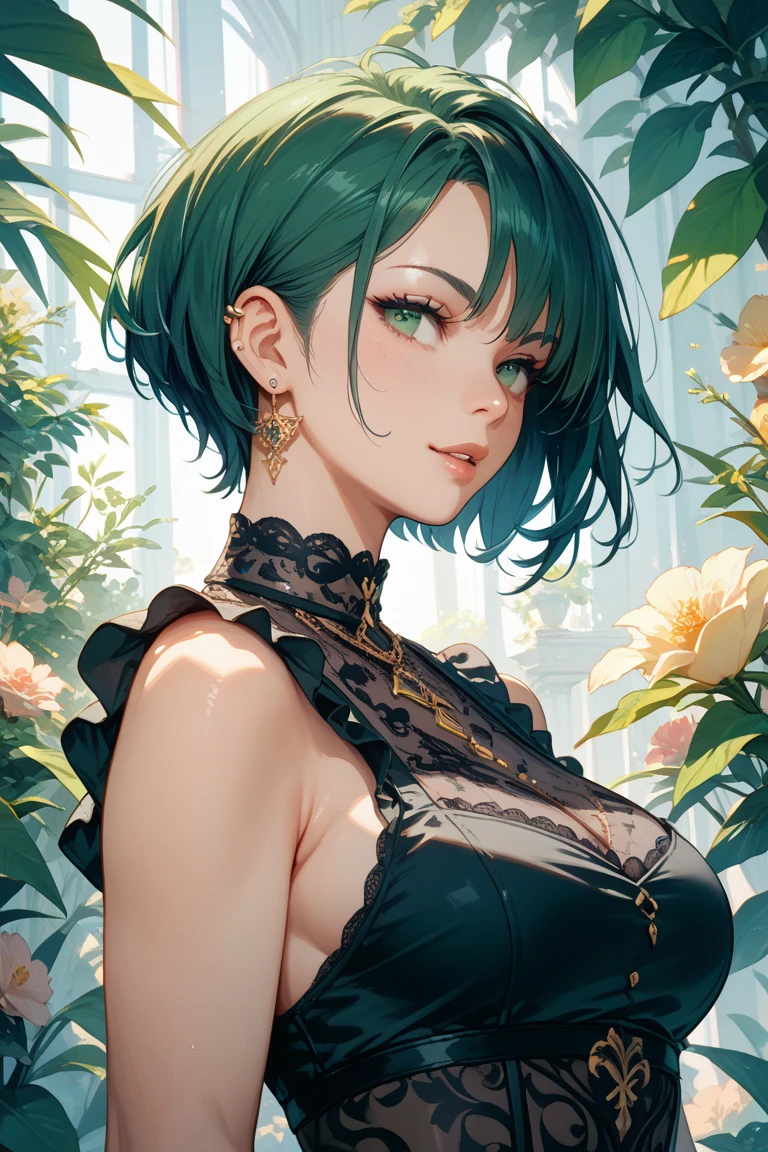 Intricate details, 1 female, Fubuki, sexy face, fully lidded eyes, green eyes, puckered lips, slim/toned body, toned abs, perfect firm breasts, skin tight clothes, black gown