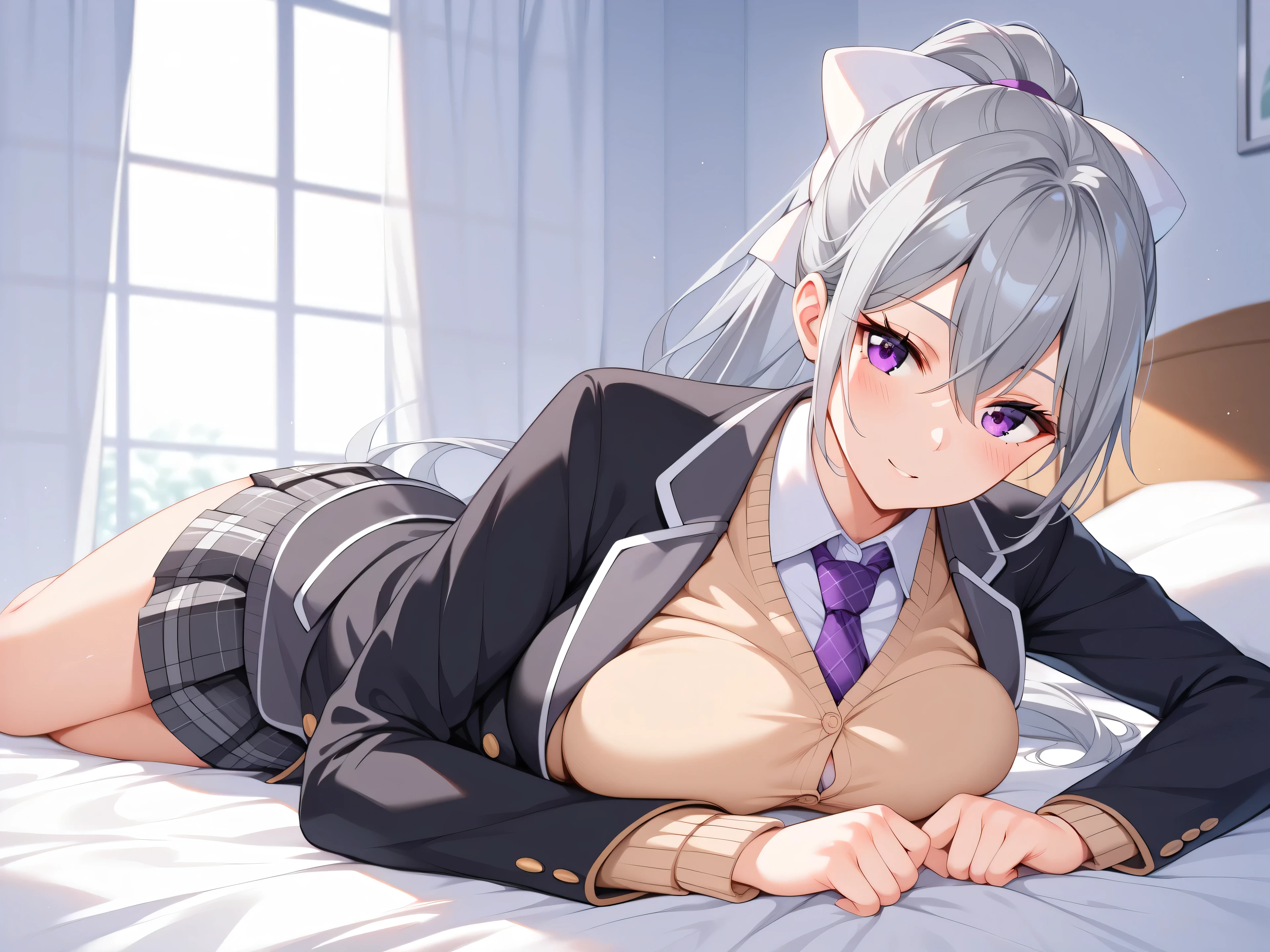1woman,best quality,ultra-detailed,high resolution,extremely detailed CG,unity 8k wallpaper,score_9, score_8_up, score_7_up, source_anime,hk1, purple eyes, grey hair, hair between eyes, long hair, ponytail, bow, white bow、 shirt, white shirt, necktie, purple necktie, (cardigan), jacket, black jacket, blazer, skirt, grey skirt, plaid skirt, mature female,professional quality、bed room、pleated skirt, breast press,lying on one’s stomace,lie on own stomach