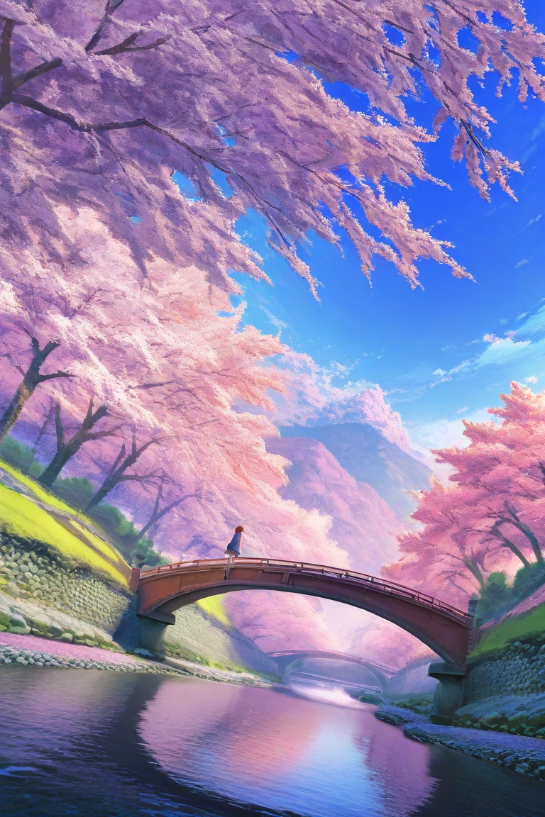 score_9, score_8_up, score_7_up, UHD, Masterpiece, amazing quality, very aesthetic, absurdres, ultra-detailed, makoto shinkai, sunny, colorful, semi realistic, cherry blossom, river, bridge, dynamic angle:1.5, panorama:1.2, cinematic:1.3