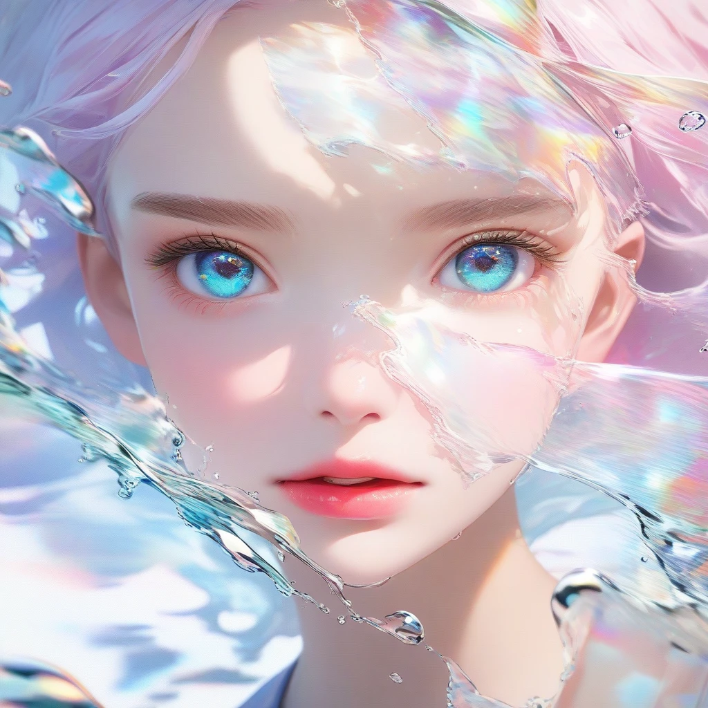 Fraction_9, Fraction_8_Direction_7_up, Girls profile pictures, Long light green hair,With bangs, Light blue petals on cheeks, Realistic skin texture, detailed picture, close-up, HD32k