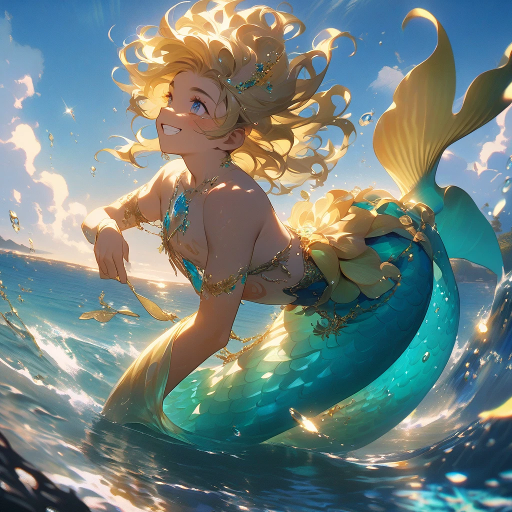 Mermaid, tan mertail covered in yellow bubbles, yellow top, puffy tan hair, masterpiece, best quality