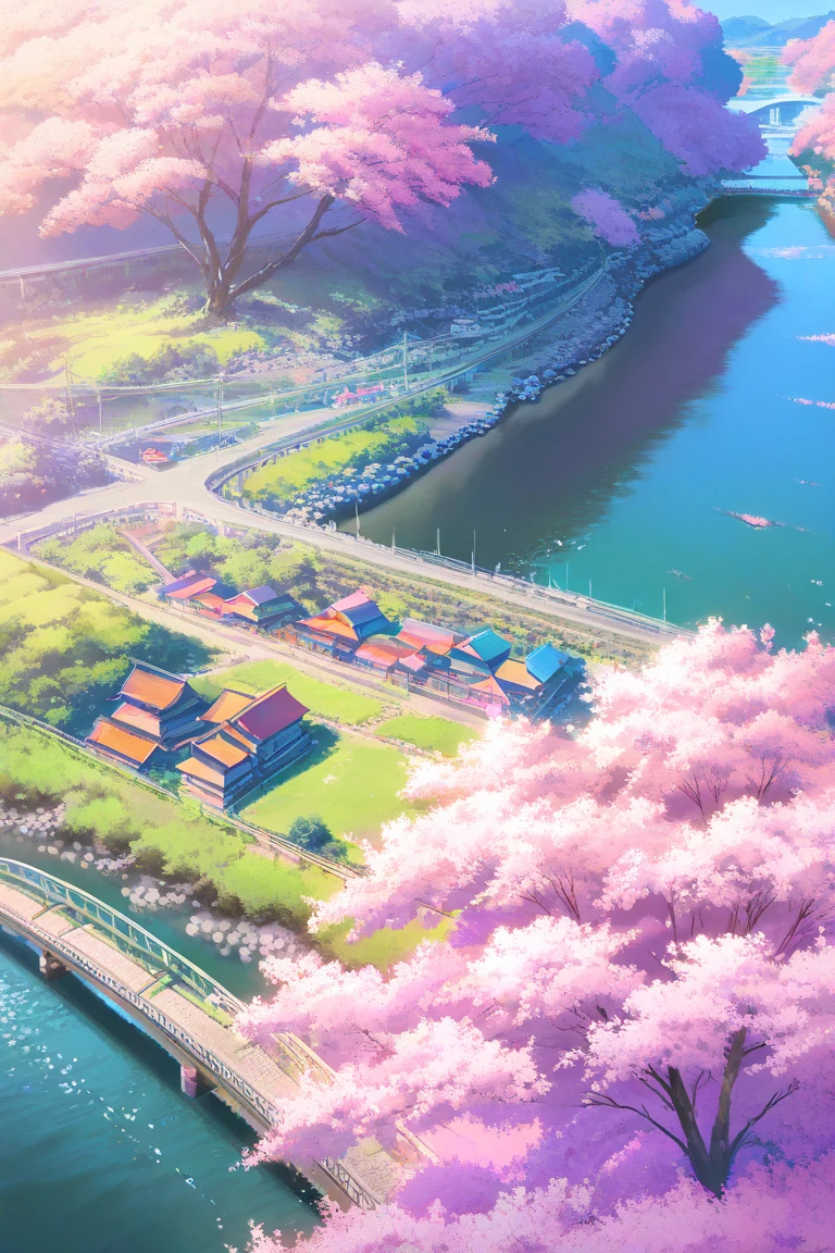 score_9, score_8_up, score_7_up, UHD, Masterpiece, amazing quality, very aesthetic, absurdres, ultra-detailed, makoto shinkai, sunny, colorful, semi realistic, cherry blossom, river, bridge, dynamic angle:1.5, panorama:1.2, cinematic:1.3