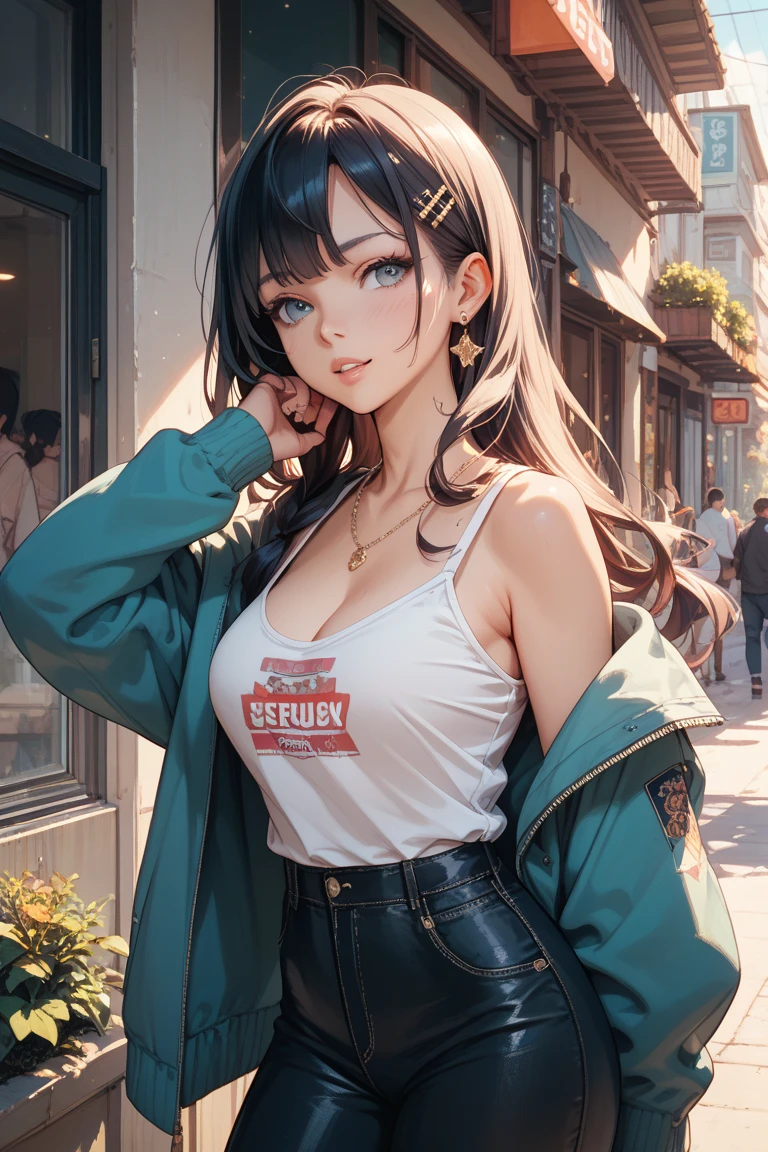 masterpiece, best quality, absurdres, perfect anatomy, 1girl, solo, shrug \(clothing\), long sleeves, t-shirt, pants, standing, city, outdoors, cowboy shot, smile, brown hair, medium length, green eyes