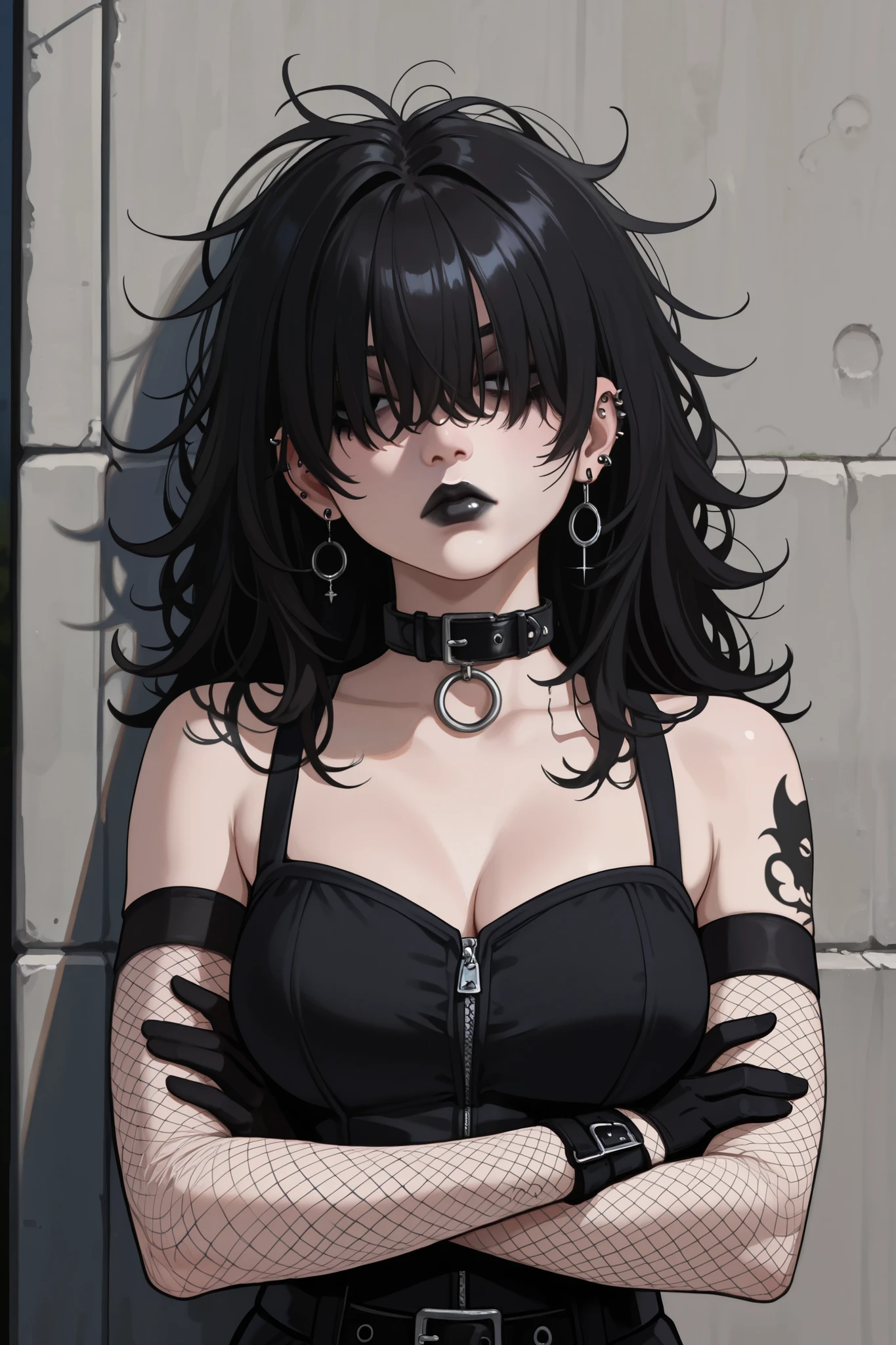1 girl, black hair , hair over eyes , messy hair , goth , goth makeup , earrings , outdoors , collar , black lipstick , black lips, fishnet sleeves, bored, breasts, piercings, tattoos, leaning against wall, arms crossed, gloves