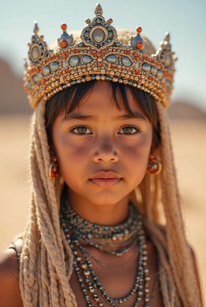 a photo of a child with blue eyes looking at herself, in the style of light indigo and dark amber, realistic hyper-detailed rendering, 32k uhd, orientalist, idealized native americans, intense close-ups, romantic fantasy --ar 7:8 --s 750 --v 5.2