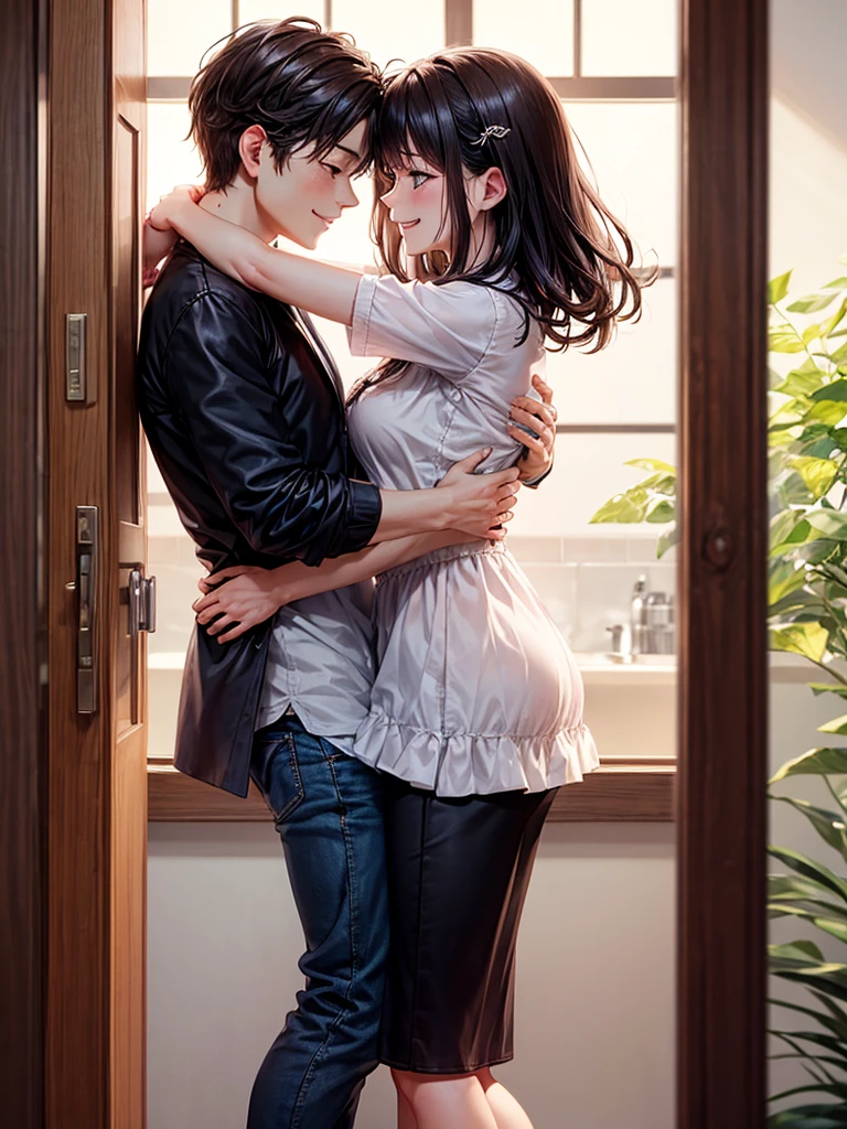 Big shirt and a denim skirt standing on short dark blue hair abim3 crying and with his hand in his hair Zoro looking at her calming her green hair he sitting on the bed