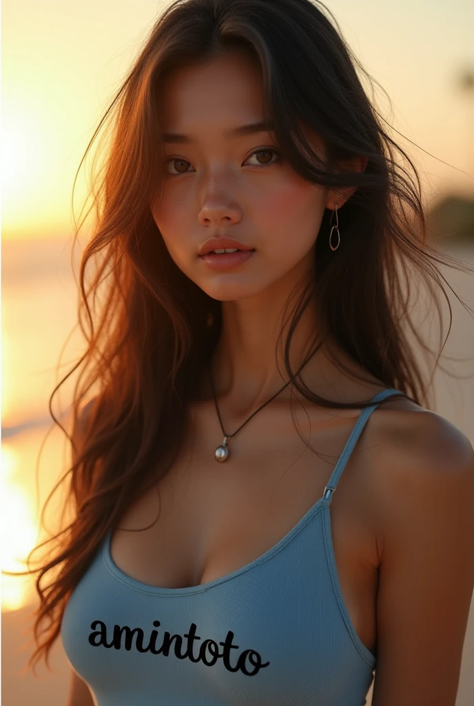 Masterpiece, high resolution, 8K realistic, white beautiful skin, realistic shiny skin, detailed cloth texture, detailed hair texture, anatomically correct, natural neck length, beautiful hands, thin symmetrical eyes, light brown eyes, double eyelids, thin eyebrows, glossy lips, detailed beautiful face, one woman, 24 year old fashion model, sexy clothes, small beautiful breasts, nipped bust, slender 9 head body, toned abs, light brown short hair, asymmetrical bangs, white Maldivian sandy beach, sexy and bold pose
