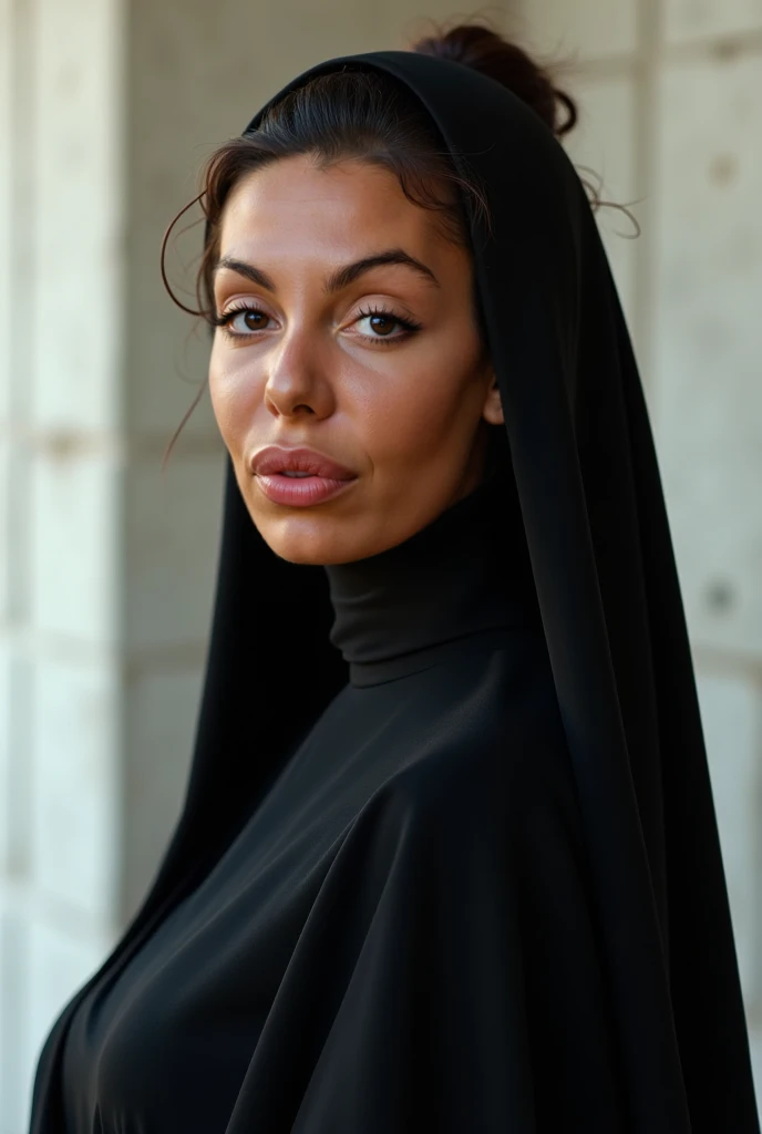 From below, full body shot of a gorgeous brunette woman wear hijab, age 23, bun and nice hijab, she's a men magazine model,Sexy, She has a subtle smile and flirts with the camera, (she’s in the street of a futuristic cyberpunk city with snow), (she’s wears a Victorian cyberpunk leather suit covering her chest:1.2), perfect eyes, perfect hands, perfect body, ((perfect hair)), perfect breast, hair behind ear, UHD, retina, masterpiece, accurate, anatomically correct, textured skin, super detail, high details, high quality, award winning, best quality, highres, 16k, 8k, cinematic lighting
