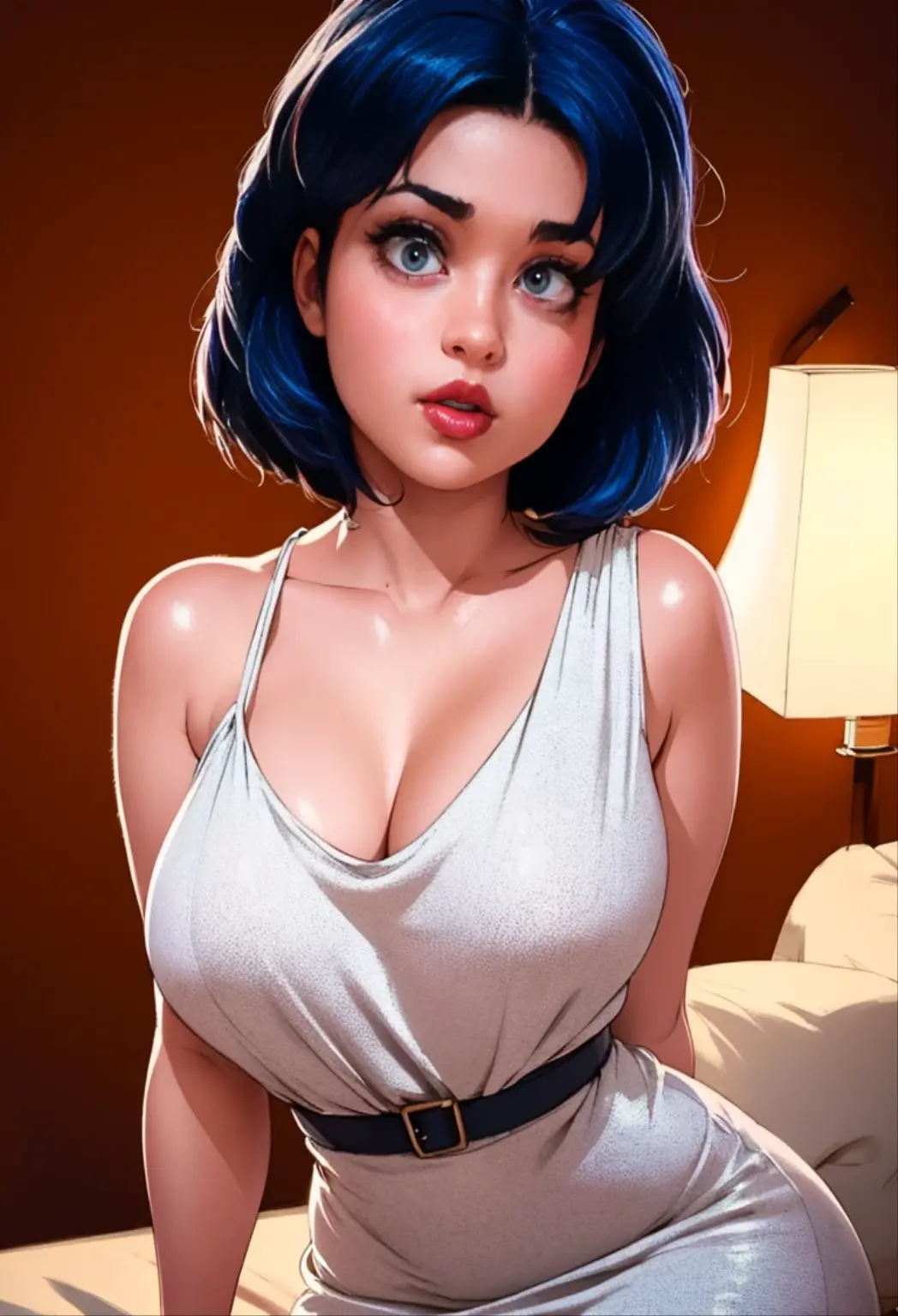 A realistic rendering of a David Wright style illustration of a very close shot, ultra close shot on the breasts of two pert, nubile, thin, freckled teen girls with 50s style, very short blue hair, bows in hair, topless, best quality, tiny breasts, bare breasts, small breasts, bare crotch, exposed crotch, pink nipples , puffy nipples , exposed nipples , wearing pink bondage straps, black, spiked choker necklace, a silver chain wrapped around body, open, white blouse, white lace collar, black lace, pastel lace straps under nipples, pastel lace straps under breasts, open light blue, fuzzy sweater, undressing, uniform, partially clothed, reclining on a bed in a pink, 1950s, teen girl's bedroom, ultra close shot on breasts