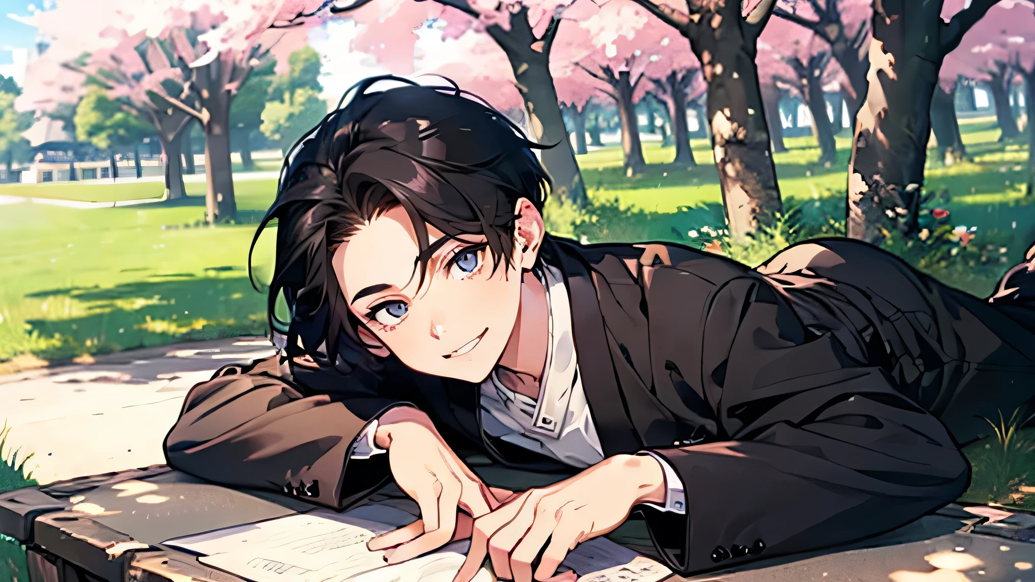 handsome short black hair Short cut under the cherry trees blue sky Long-sleeved Clothes Please take a look at my mokkori Face Up Smiling and looking at camera Face Up