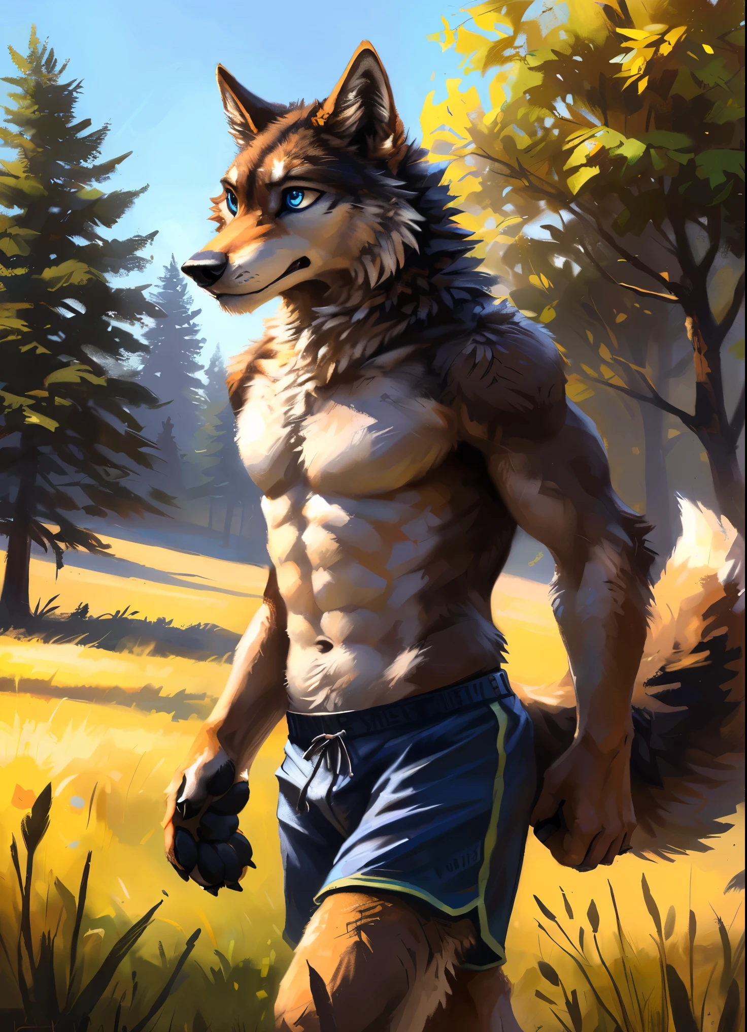 ((Solo)), male people, anthro wolf, (Multi-colored fur, White-brown:1.3,White tail pointed), (Height 2.1m,Tail length 1.2m), ((Wolf face, Big eyes, White eyelids, Blue pupil, Slim:1.2) (Tough, Calm expression:1.2)), Abs, Slim, pinging)), (Correct anatomy), (Work shorts:1.1), The upper body naked, (detailed outfits),A long big tail,Feet,(Realistic fur, Detailed fur texture, labeled:1.3)), (Natural lighting), Photorealistic, Hyperrealistic, ultradetailed, by Kenket,Field,erect through,Running on