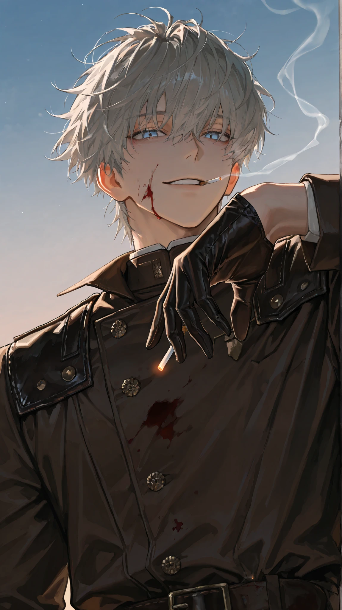 8k, Beautiful masterpiece, 32 year old male , handsome, smiles, short hair, Messy Hair, Two block perm hair, light gray hair , 1 man , male-centered, handsome man, Thick painted, sky blue eyes, Perfect Eyes ,semi-realism art , semi-realism art style, looking at the front, 걸작, top quality, amazing quality, Exquisite Details, very detailed, absurdity, mature, alone, blood,smoking, torn clothes,black half gloves,blood on clothes,blood on face,blood stain,cigarette,Plain gloves ,looking at viewers,smoke, 창백한 blood부, dark brown leather jumper, dynamic angle, Close , Upper body cut