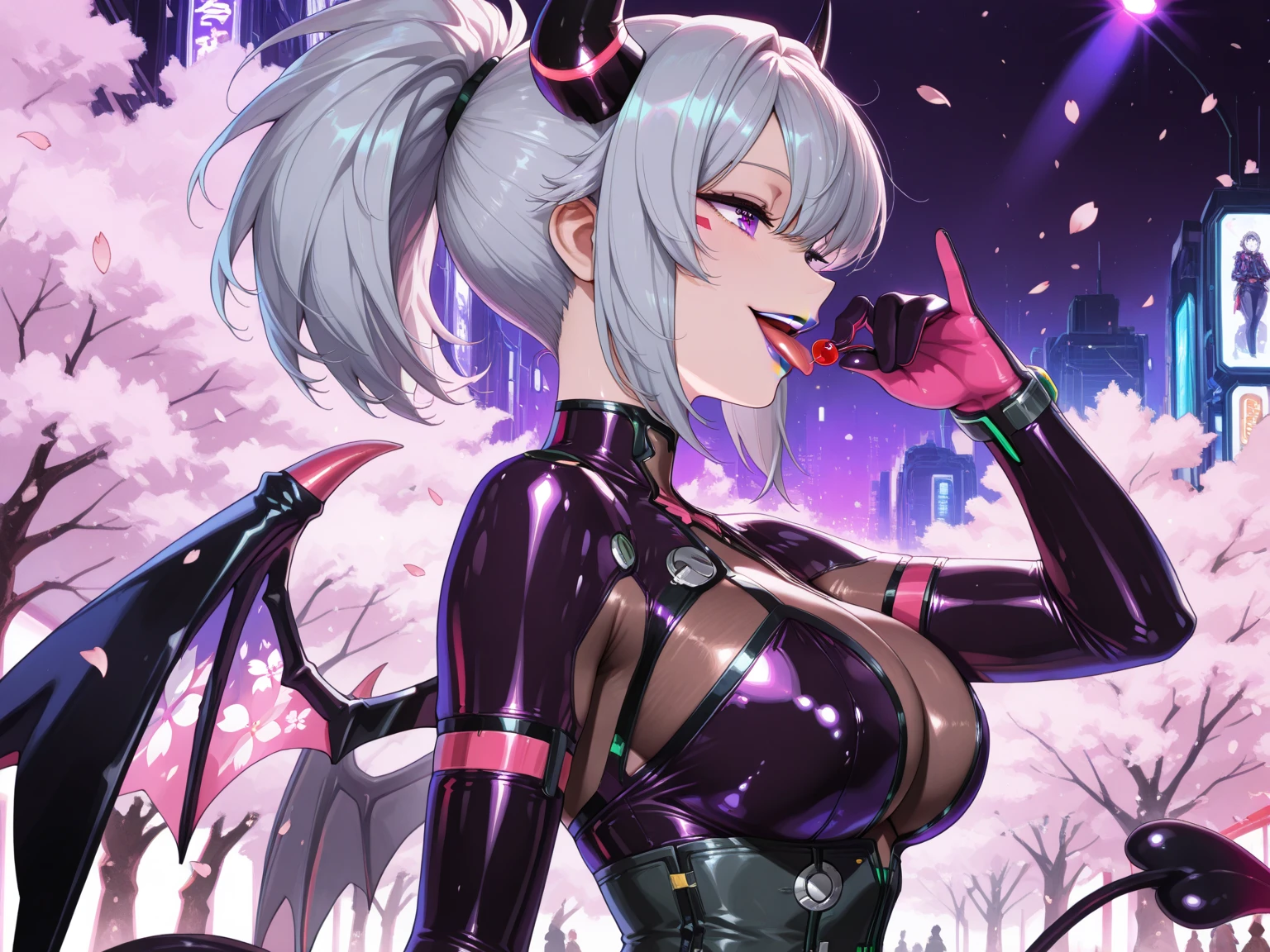 female, black long hair with magenta trim, silver eyes, wolf ears, wolf tail, (((1girl))), (((black and magenta toga dress))), (black detached sleeves), (black fingerless gloves), (black stockings), (black heels), (gold jewelry), cute and sexy, full body, large breasts, long legs, smiling