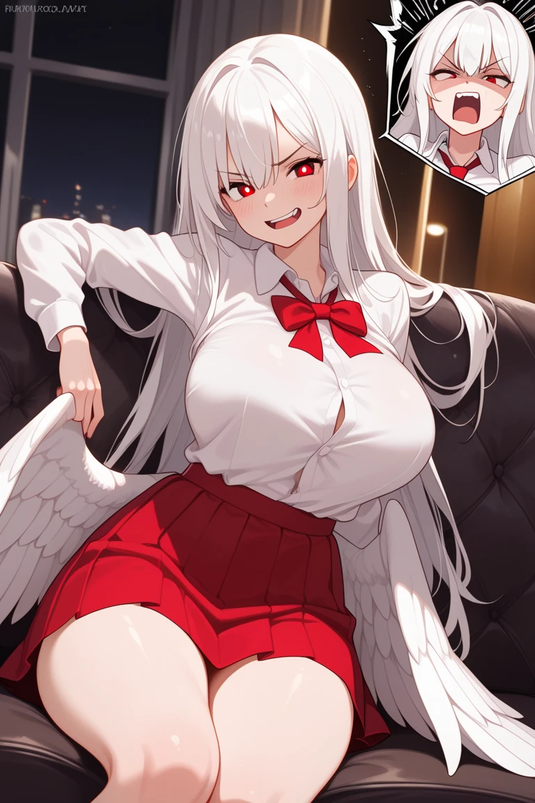 Sex , White hair, black red eyes, semi nude, hypnosis, cum on body, city, adult big breasts small ass, White shirt, black tie, excellent photo quality, Anime graphics, long hair angel