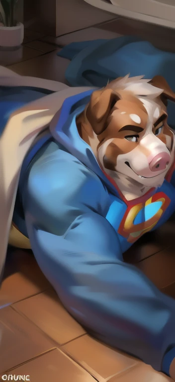 Solo, male, standing, street, overweight, muscular, smirking, blue bodysuit, superman costume, red speedo, red boots, red cape, full body view, by chunie, puma, ((hair, snout))