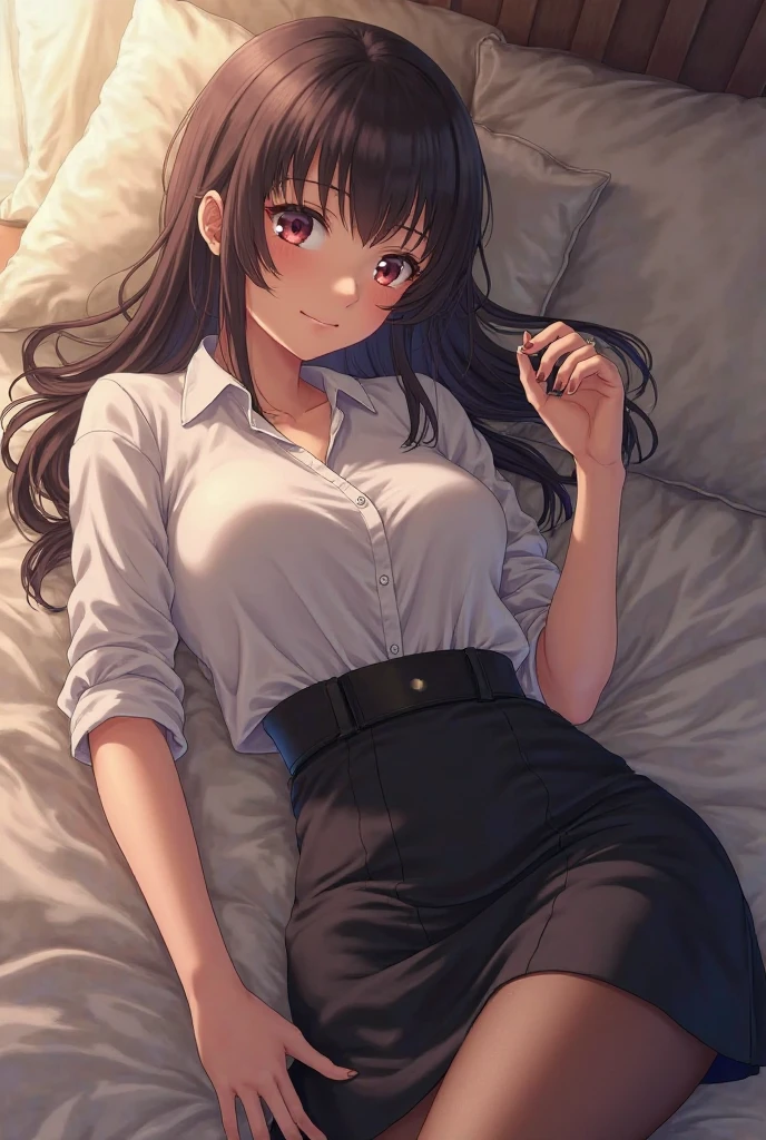 (masterpiece, best quality, detailed), 1girl, solo, looking at viewer, aatakina, long hair, black hair, breasts, 
short sleeves, black pants, black necktie, red shirt, red gloves, jacket on shoulders, black jacket, indoors, couch, pillow, window, curtains, potted plant, lying, on back, arms behind head, smirk, smile, parted lips