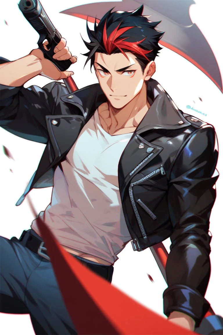 1boy, sexy, mad, anime, shiny eyes, smirk, evil, bad boy, good quality, good anatomy, leather coat, gun, crazy, red eyes, evil smile, basement