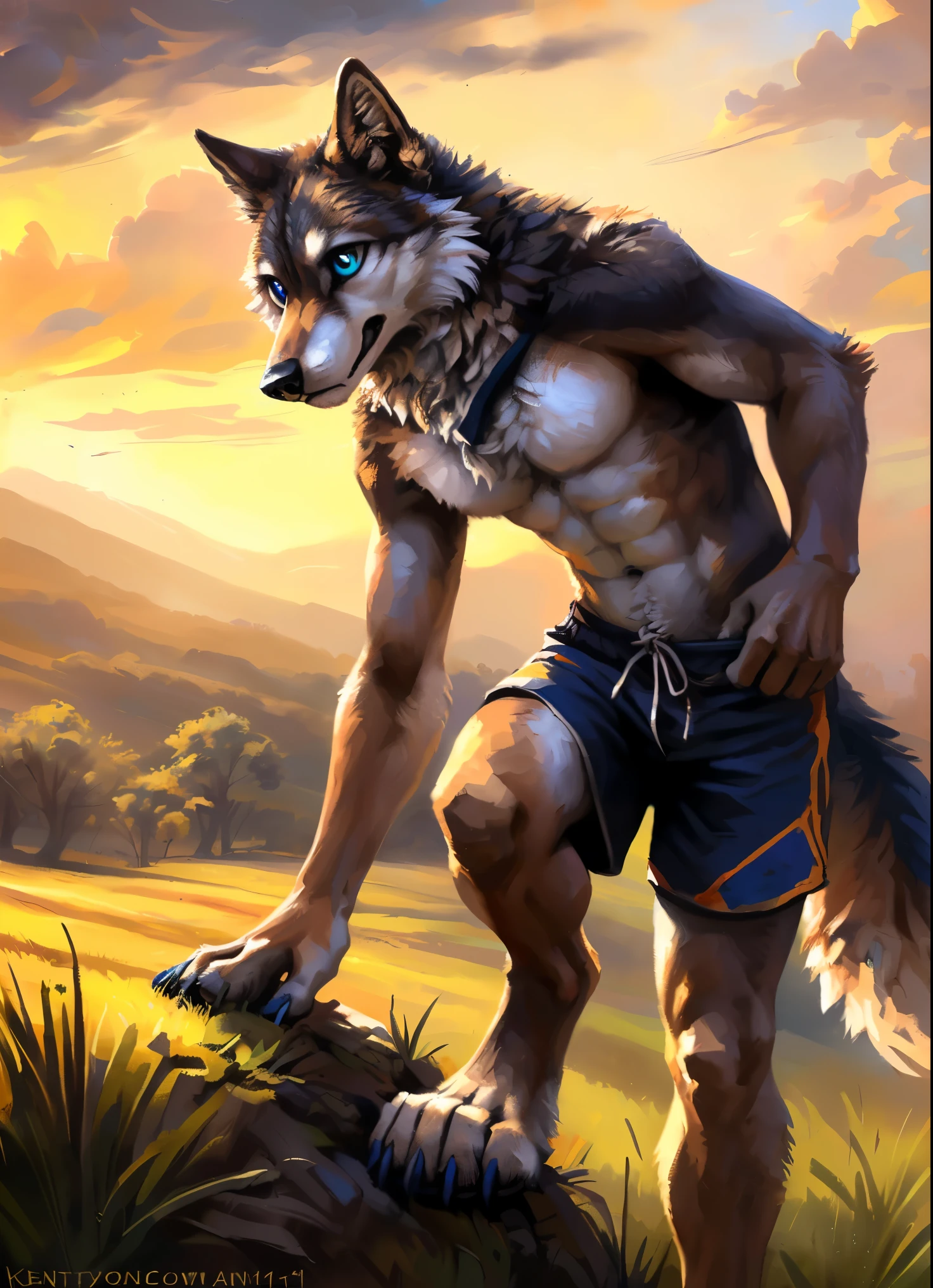 ((Solo)), male people, anthro wolf, (Multi-colored fur, White-brown:1.3,White tail pointed), (Height 2.1m,Tail length 1.2m), ((Wolf face, Big eyes, White eyelids, Blue pupil, Slim:1.2) (Tough, Calm expression:1.2)), Abs, Slim, pinging)), (Correct anatomy), (Work shorts:1.1), The upper body naked, (detailed outfits),A long big tail,Feet,(Realistic fur, Detailed fur texture, labeled:1.3)), (Natural lighting), Photorealistic, Hyperrealistic, ultradetailed, by Kenket,Field,erect through,Running on