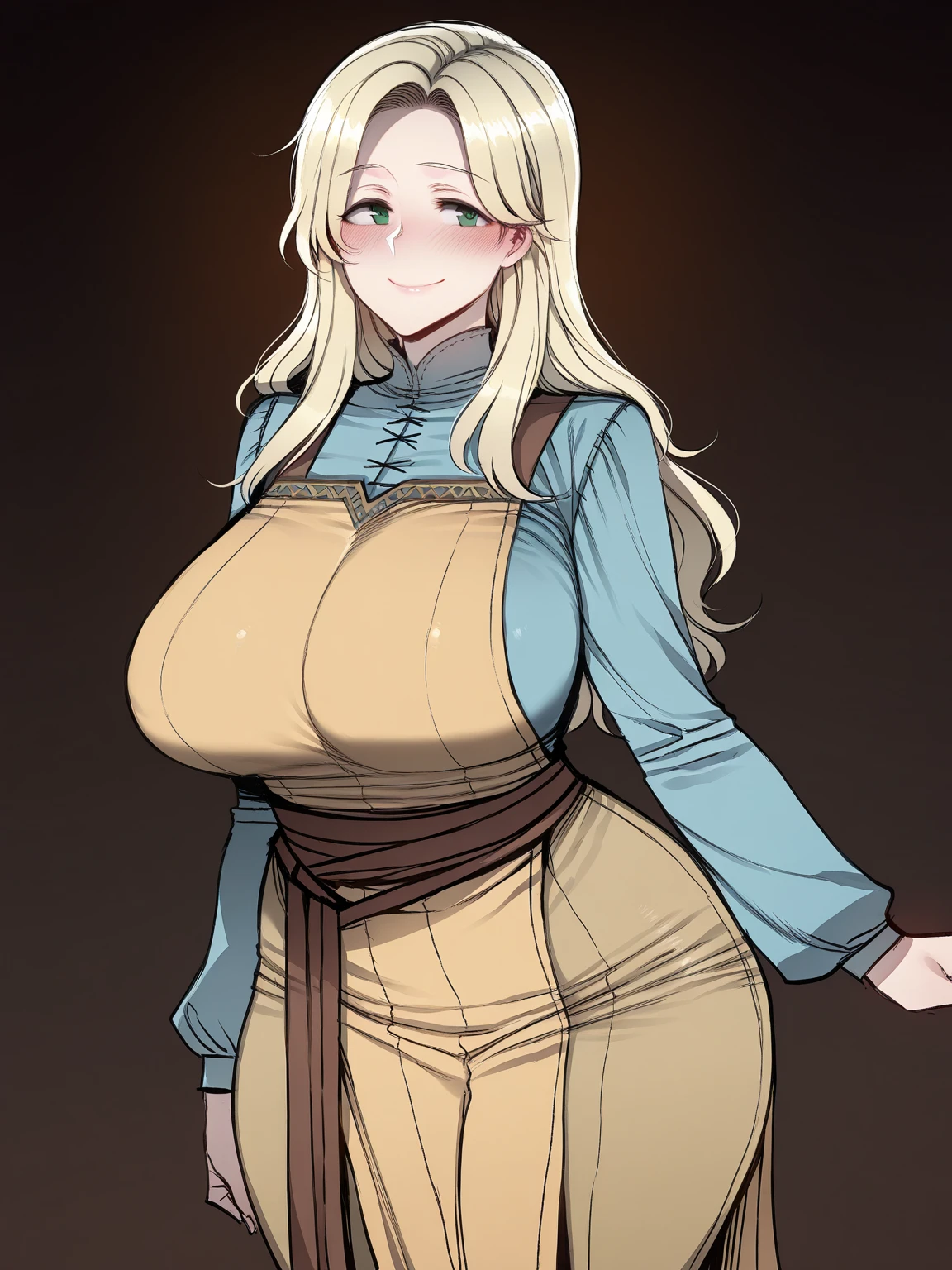a woman in a blue dress sitting on a counter with a large belly, small curvy loli, thicc, she has a jiggly fat round belly, (sfw) safe for work, granblue fantasy, holding a pudica pose, mighty plump female sorceress, big belly, sie boob, pixiv 3dcg
