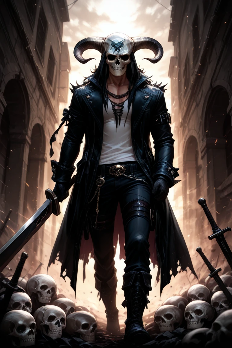 masterpiece, best quality, extremely detailed, hyperrealistic, photorealistic, a cool 40s man, ultra detailed face:1.2, black hat with feathers, holding black long sword, in dark cave, stark, ominous atmosphere, red dragons head