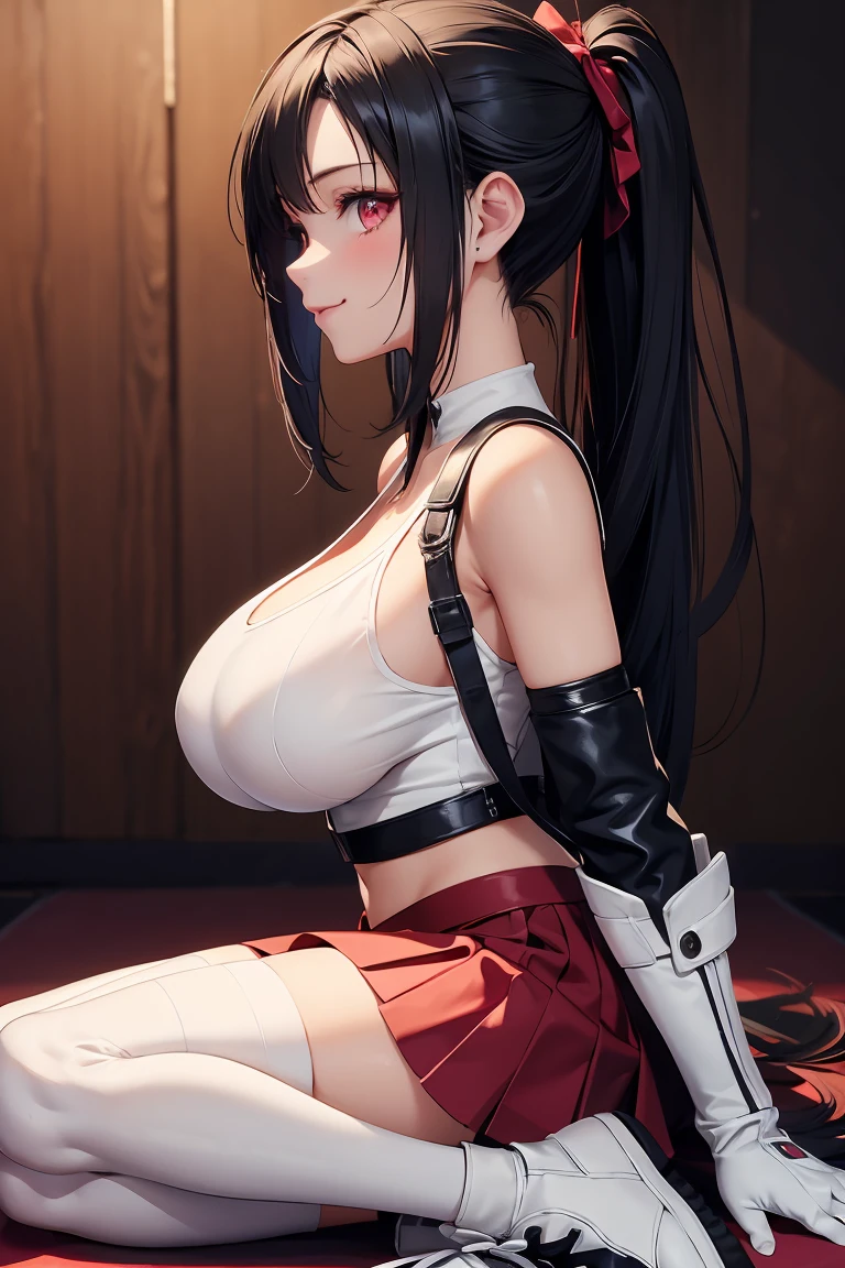 best quality, ultra-detailed, high resolution, extremely detailed CG, unity 8k wallpaper, super detailed skin, detailed, dynamic lighting, beautiful detailed eyes, defTifa, white crop top, elbow pad, fingerless gloves, suspenders, pleated skirt, red boots, bar counter,