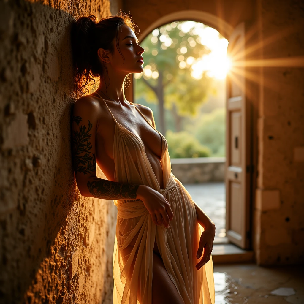 (YES NSFW), documentary photo of a gorgeous 30yo redhead woman sitting on stairs in a alley of Matera, (beautiful face:1.3), angelic face, real skin pores, skin imperfections, perfect face. Long loose hair, an artistic wreath of white flowers surrounds her head. urban_setting in sassi_di_matera. Closed eyes, necklace and earrings, slightly open mouth, moles on skin. She wears the classic white vestal toga of the ancient Greeks, bare shoulders, sleeveless. Partially visible ass and genitals. Clear blue cloudy sky. photorealistic shoot. The character is surrounded by mist, evoking a mysterious and eerie atmosphere. The lighting is dark and atmospheric, with a red smoke adding a touch of sinister ambiance. The image is of the best quality, with a resolution of 4k and HDR enhancement, showcasing the utmost level of detail and realism, sfw, full body shot.