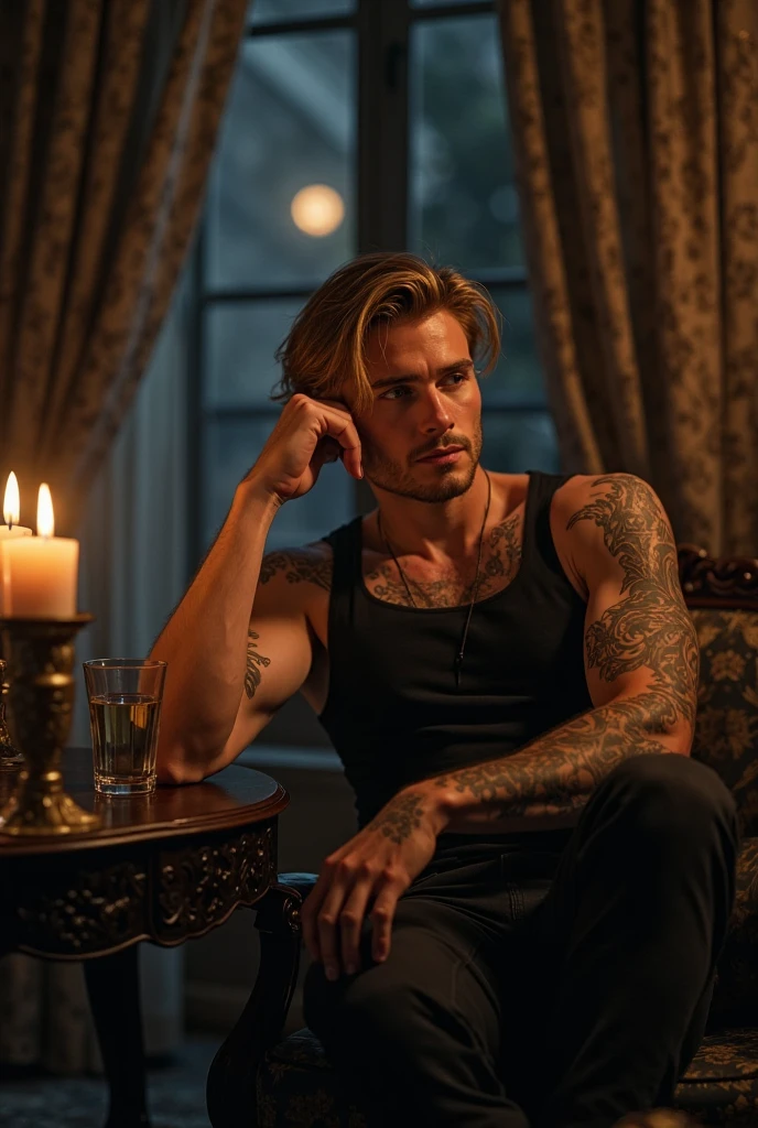 A handsome young mafia man with white skin, tall, blond hair, green eyes, a hot, sexy, toned body with tattoos and piercings, sitting in an armchair wearing a white shirt with the buttons open.
