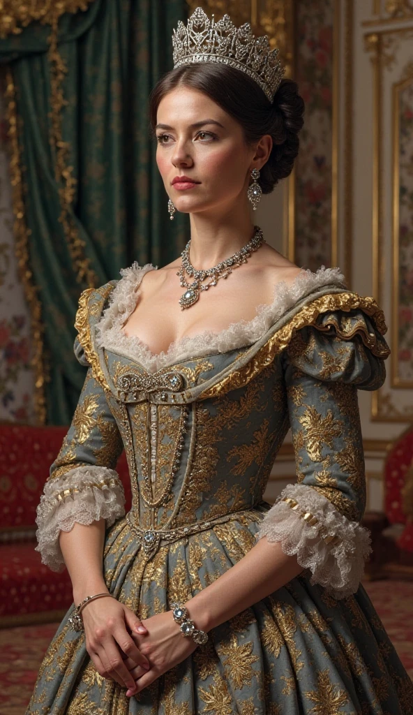 full body, Masterpeace, ultra detailed, 8k, (juliana paes :1.1), intricate details,! (beautiful woman looks like a 50 year old milf, in a dress (ultra gigantic breasts: 1.3, super huge breasts: 1.3, ultra huge cleavage: big cleavage on chest 1.3), perfect full body frontal, Marie Antoinette style 18th century, rococo queen, inspired by Adélaïde Labille-Guiard, portrait in rococo style, rococo art style, adelaide labille -guiard, rococo portrait, 18th century art, rococo fashion)
