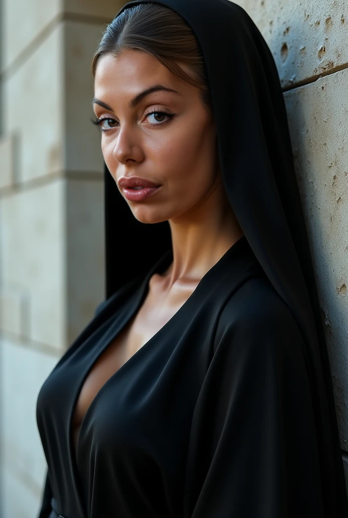 woman nun in black robe, Beautiful italian woman prays, a sexy girl, a beautiful, big pushing breasts, photo of a beautiful, Young sexy woman, beautifully soft lighting, The Goddess, woman, detailed eyes and face, beautiful detailed eyes, choker around the neck, beautiful detailed lips, extremely detailed eyes and face, Sexy young woman, Gray background, gorgeous soft lighting