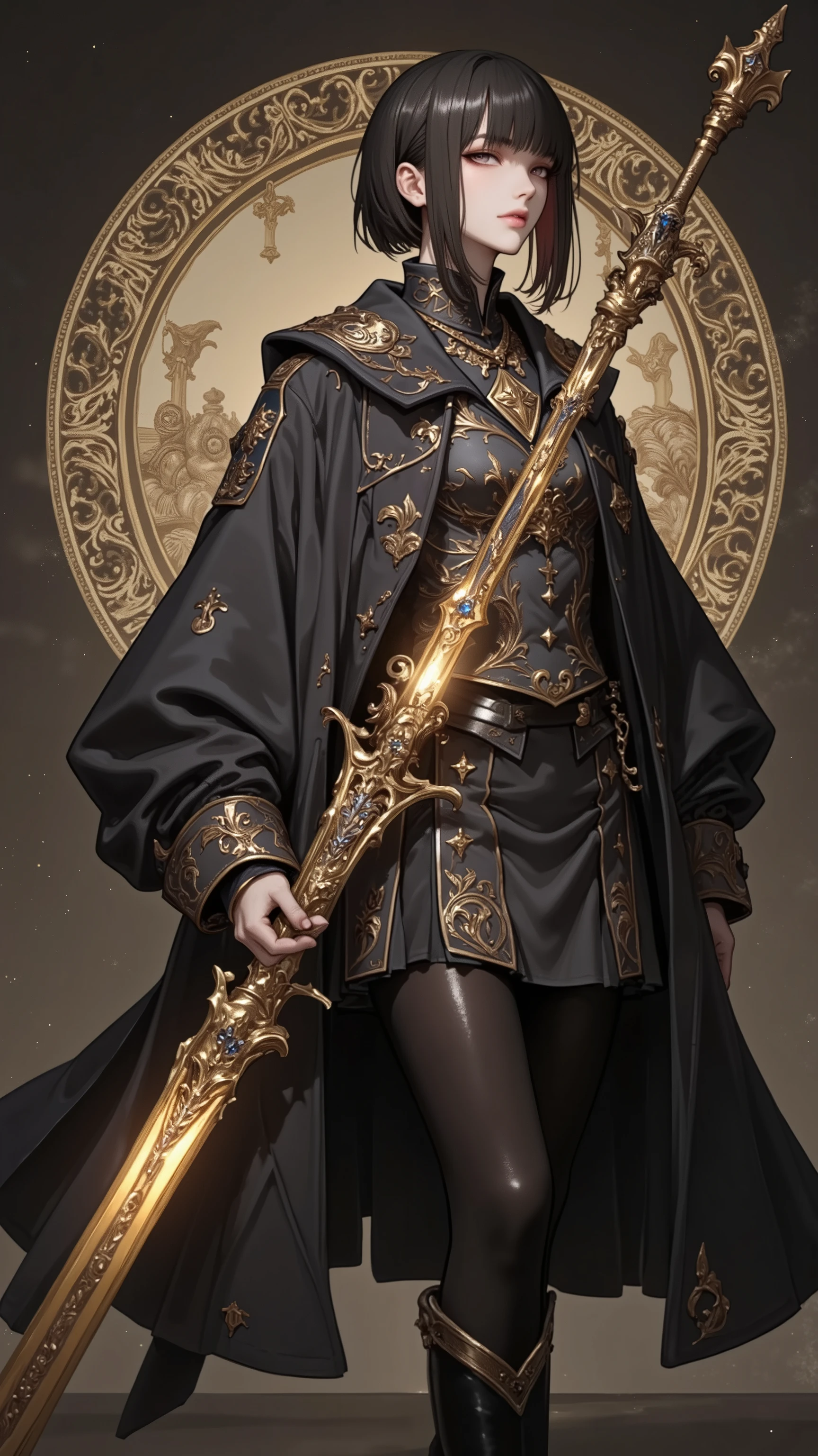 ((top quality)),( ultra high definition ),(very well detailed),(Detailed Explanation),(( best CG )),(masterpiece),super detailed art,Amazing Painting Art,(Fashion Art with Delicate Details:1.5), woman, beautiful and well-groomed face, shaggy cut, sharp gaze, long coat, shoulder pad, Beautifully embroidered vest, Belt boots,