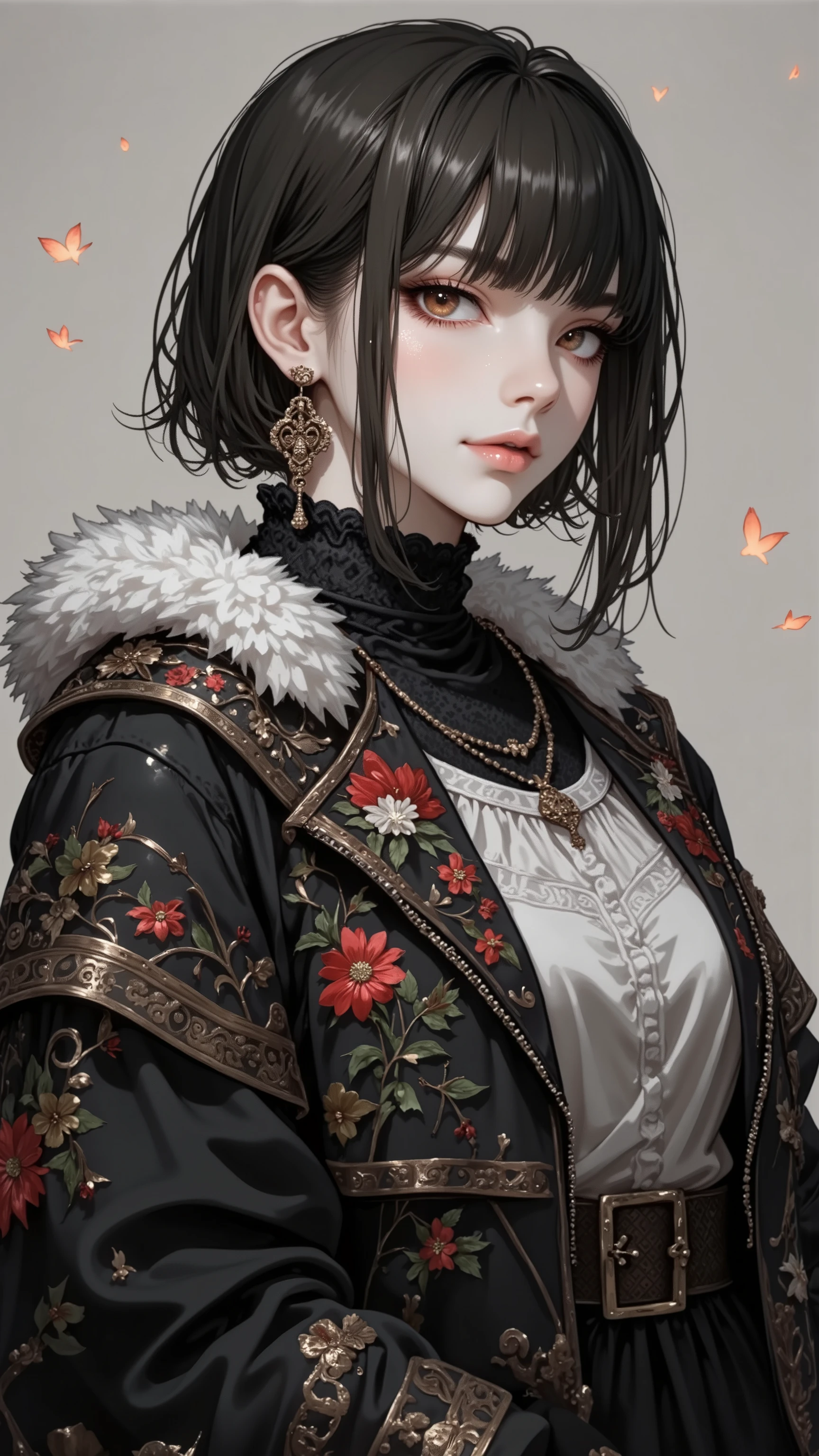 ((top quality)),( ultra high definition ),(very well detailed),(Detailed Explanation),(( best CG )),(masterpiece),super detailed art,Amazing Painting Art,(Fashion Art with Delicate Details:1.5), woman, beautiful and well-groomed face, shaggy cut, sharp gaze, long coat, shoulder pad, Beautifully embroidered vest, Belt boots,   