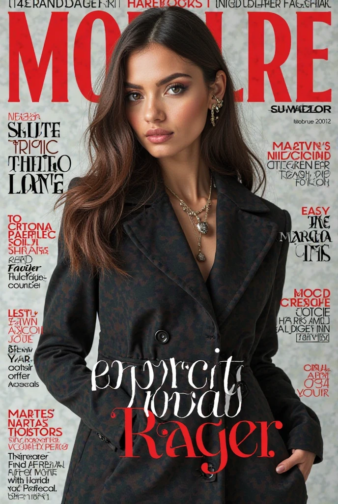 magazine scan,(magazine cover:1.2), cover text, text,( magatama necklace:1.1), wlop, 1girl, black gloves, black open jacket, character request, commentary, earrings, double v, jewelry, long hair, looking down, perfect flowing hair, solo, <hypernet:randy:1>
