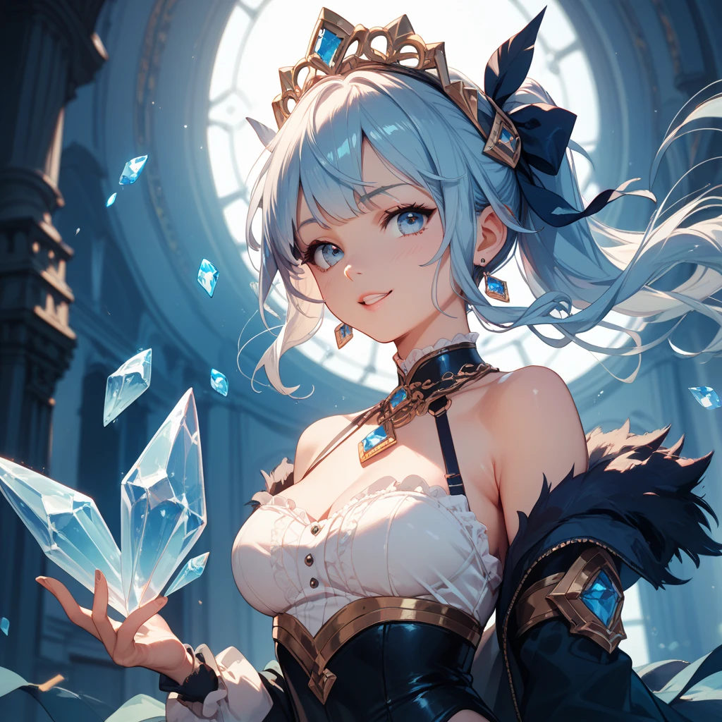 (((best quality, sharp image, clear image, cinematic lighting, 8k resolution, masterpiece, ultra detailed, intricate))) Girl, sorcerer, cute, intricate dress, braided hair, smiling, Ice blue, ((intricate background)), (rune frame), dimension, sideview