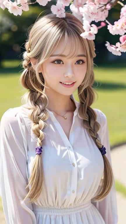 (extreme close-up:1.1) ,backgrounds, lady,portrait , 1girl, ahoge, blonde hair, blue shirt, blush, bow, braid, bug, butterfly, coat, flower, frilled dress, frills, hair bow, hair flower, hair ornament, hairclip, hands up, long hair, long sleeves, multicolored hair, off shoulder, open mouth, outdoors, pink eyes, pink flower, plant, potted plant, purple flower, purple hair, red bow, shirt, smile, solo, twin braids, upper body, white flower