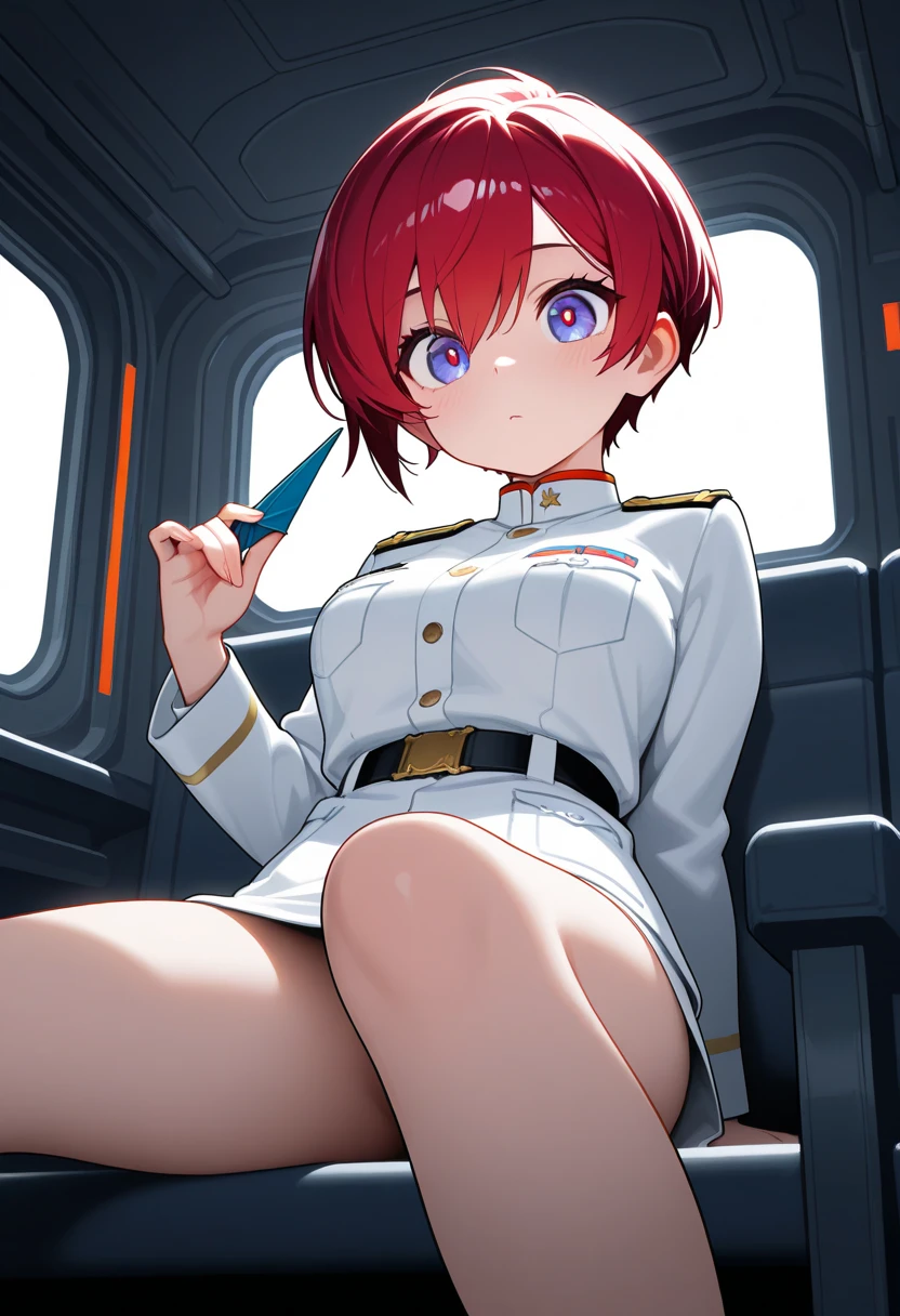 (((Pixel Perfect))), score_9, score_8_superior, score_7_superior, score_6_superior, evaluation_Explicit, anime_sauce,One girl, Girl staring at the viewer,(Cowboy Shot), ( Perfect Anatomy:1.4), Shadows in the movie, Cinematic Light, Cute and delicate, (Soft Skin:1.2), Dynamic pose, Character Focus, blush, Medium Breasts Blurred Background, (Pride Royal Ä±v:1.2), Redhead, Long Hair, Purple eyes, Swept-apart bangs, (Red Uniform), v Arms, Long sleeve, Black trousers,whole body,Fully nude,With nipples,Pussy in full view,on the train,((Sex)),Sitting and spreading legs,