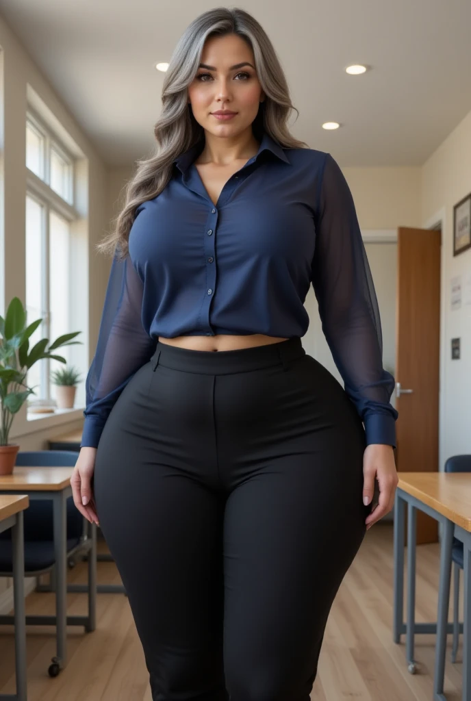 20 years at school at the desk school photo at school masterpiece, (photorealistic:1.4), Best Quality, beautiful lighting,Eleanor Middle Eastern Woman 20 Years Old Standing Old Big Breasts Plus Size Model Hair Bun Black Stockings Black Pantyhose Standing at School Long Legs Stzz Like Tempting Ding Position