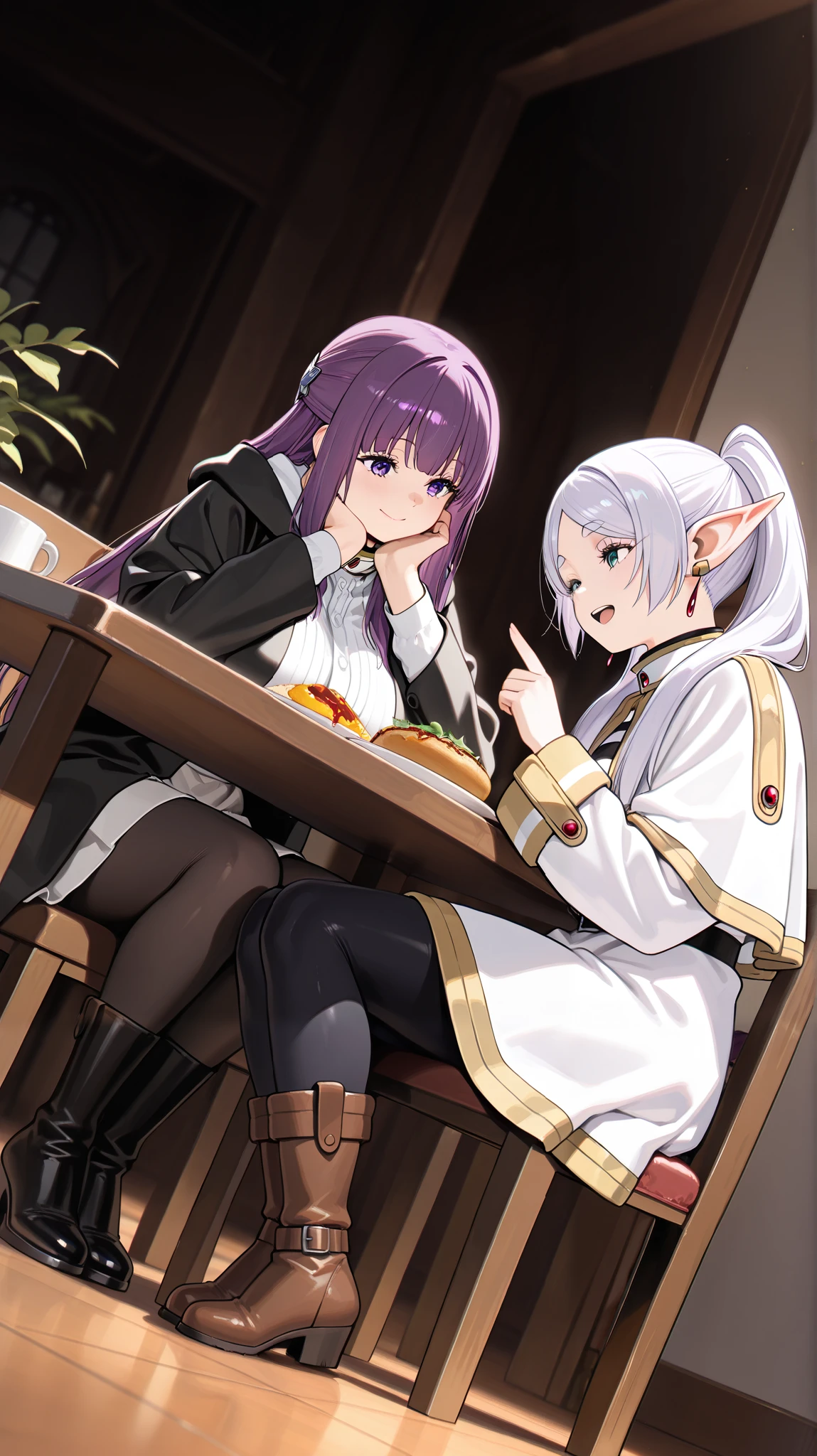 (software:1.5), (realistic), (masterpiece, Best Quality, high resolution, Details Hand , detail finger , Cinematic Shadows、detail face, Detailed feet, big eyes、perfect lighting),Dutch angle、wide hip、curvy、 ( multiple girls, couple focus、Details Girls , Anime Frieren),Short、(white hair, twin tails, Big Breasts),white clothes、 (Anime Frierenの服),Thick Striped Inner、miniskirt、black tights、brown boots、(two girls,(fern), purple hair )、(fernの服、black clothes、white inner、boots), (Fantasy、Dining scene、chair in a half-sleeping position、Around the table、Laughing and talking 、dutch angle,from the side),very wide shot、(Sharing a meal)、