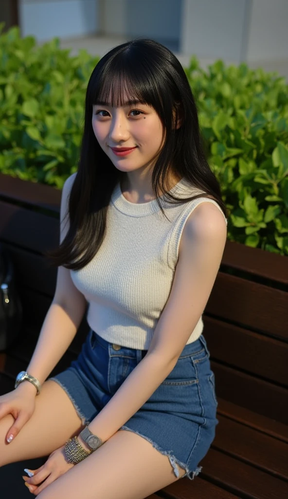 A 21-year-old Japanese woman with a bright smile is sitting on a park bench。she wears fashionable clothes、Cross your legs gracefully、Decorated with bright earrings and necklaces。