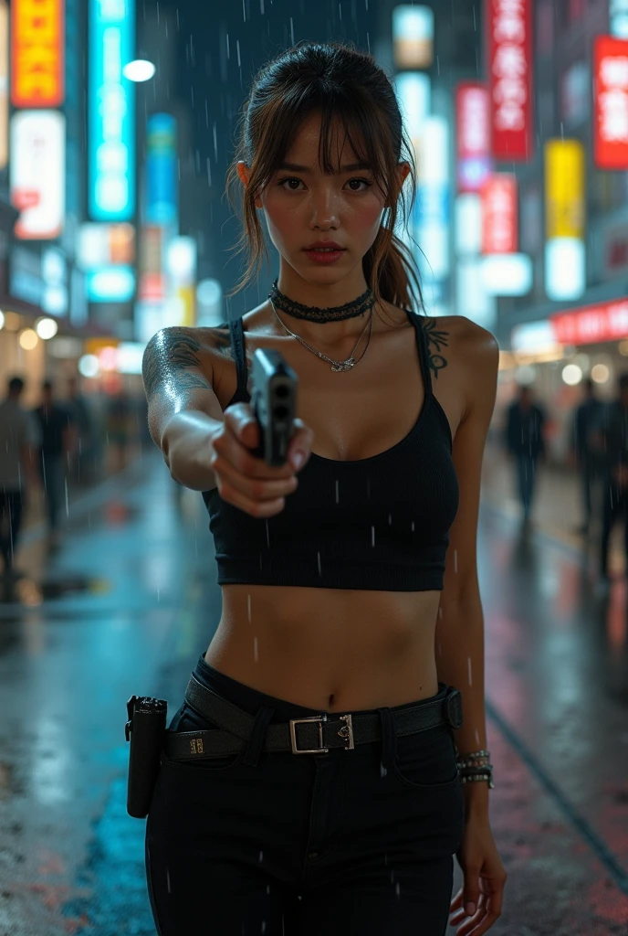 (8k, ARTISTIC photography, best quality, masterpiece: 1.2) Kowloon City、Back alley、(dirty ground)、((Delicate depiction))、pipes、duct、electric wires、Neon signs、plein air, tag, simple background, blue open sky, shorth hair, one girls、((a cute girl))、Skysky, looking at the viewers, stairway, Moody lighting,