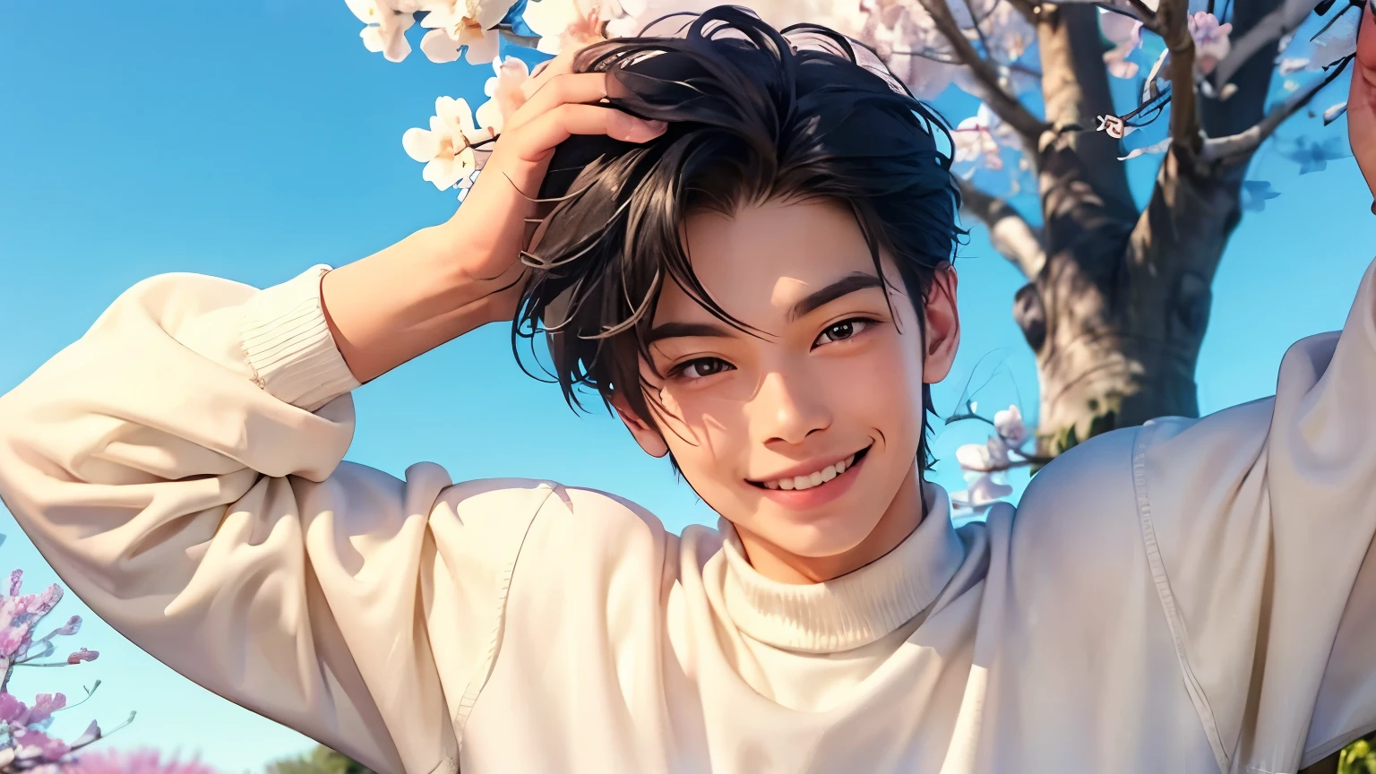 handsome short black hair Short cut under the cherry trees blue sky Long-sleeved Clothes Please take a look at me Face Up Smiling and looking at camera Face Up