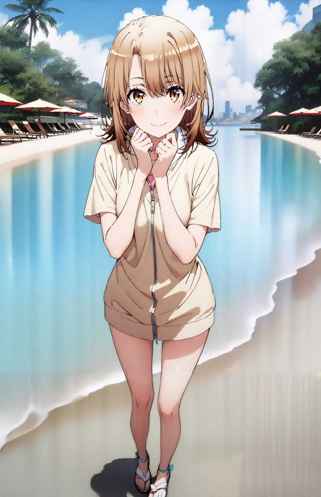 Irohaisshiki, Isshiki Iroha , short hair, black cock, brown eyes,smile,cover,close your mouth,yellow hoodie with zipper,Short sleeve,pink string bikini swimsuit,Front is open ,Bare legs,beach sandals,Palm Trees,turn their hands back,Everlasting summer,noon,clothed,clothed,clothed,Beautiful cityscape,sea,full bodyがイラストに入るように,break outdoors,sea岸通り
break looking at viewer,full body,
break (masterpiece:1.2),top quality , kampala,Unity 8k Wallpaper,(shape:0.8),( fine, beautiful eyes :1.6),It's a person ,full body写真,CG Details , (perfect hands,complete anatomy),