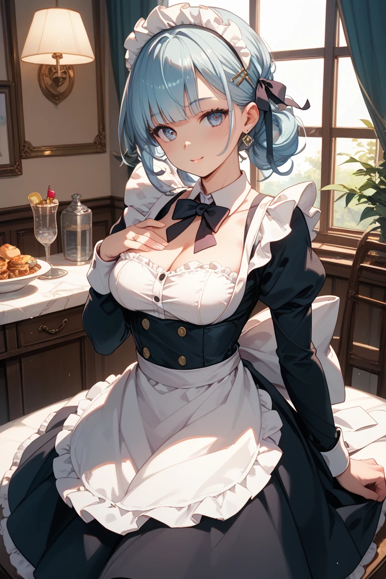 Blue-haired girl, hair covering left eye, maid outfit, white pantyhose, huge breasts, gentle eyes, short hair, two-dimensional, tea on her hand