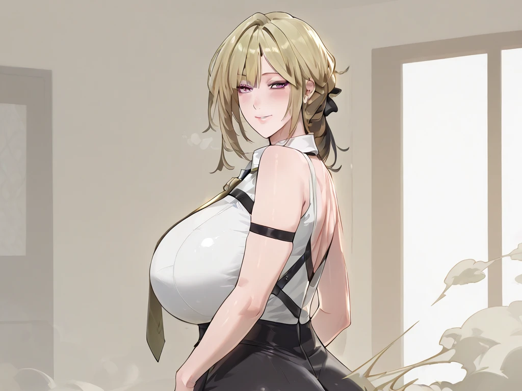 beautiful detail eyes, (realistic skin), beautiful skin,(masterpiece))), (((best quality))), ((ultra-detailed)), (highly detailed CG illustration), mature woman, big breast, short blonde hair, wolf cut hair, Fox ears, violet eyes, large breast, curvy, navel, bare shoulders, loose shirt, underboob, yoga pants, gym, indoors, crop top, navel, black clothes, armpit
