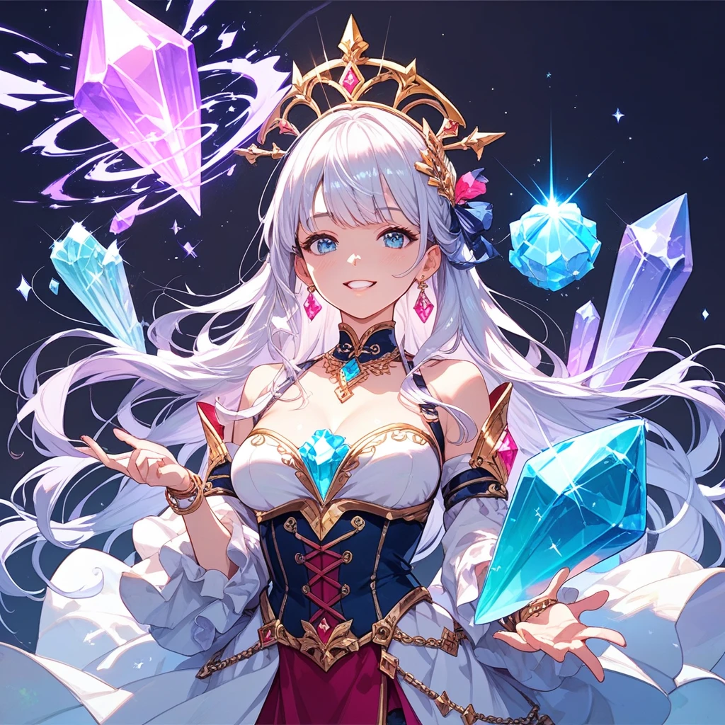 Silver Hair Medium Hair、smile、Huge 、Light Blue Prom Dresses Mini length、Black lace pattern Arm Covers、Veil tiara、ring earrings、church Stained glass、Holding a yellow bouquet