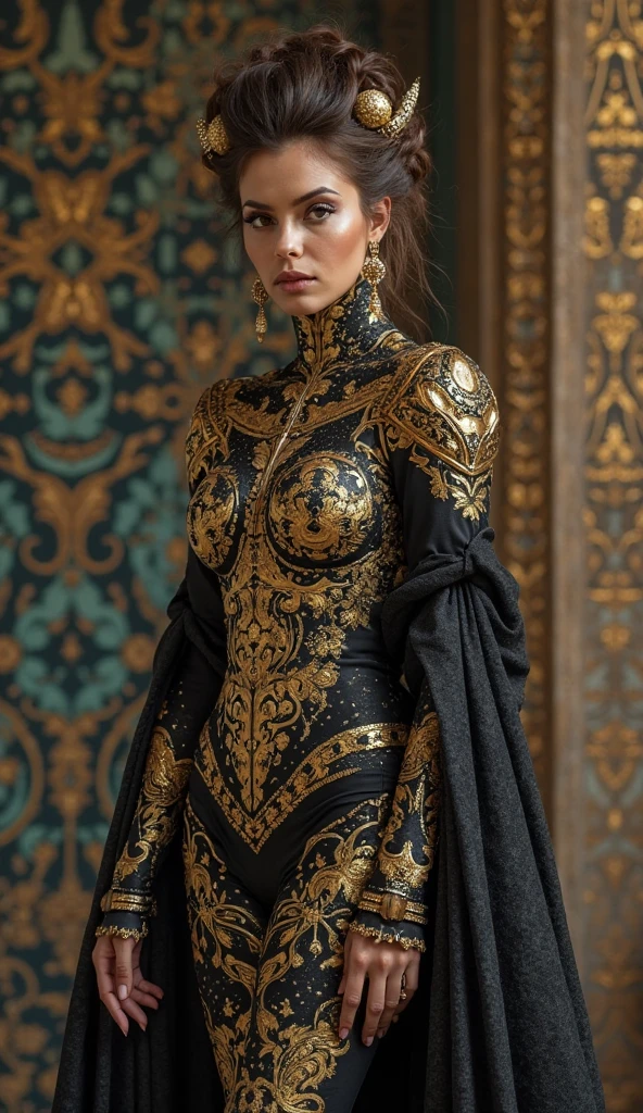RAW Photograph, medium closeup of a beautiful woman, in elegant haute couture latex outfit, detailed skin with visible pores, intricate details, HDR, 35mm, masterpiece, 8k, amazing composition