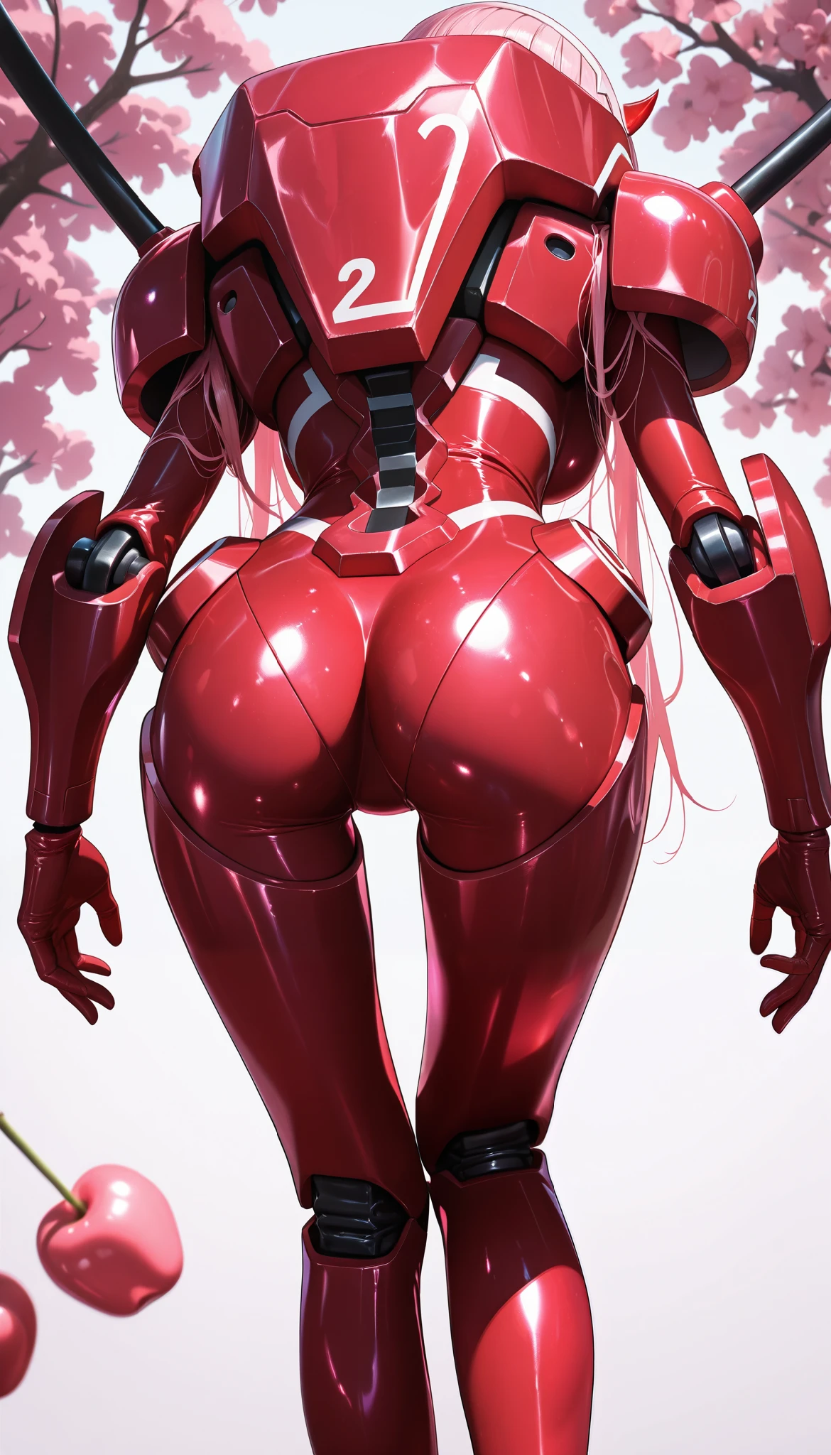 zero two,alone ,one piece bioorganic latex suit,high boots, headband with horns ,fondo simple,(background with cherry trees), legs hanging , from behind, ass in the foreground ,robot exoskeleton,Curved,planks