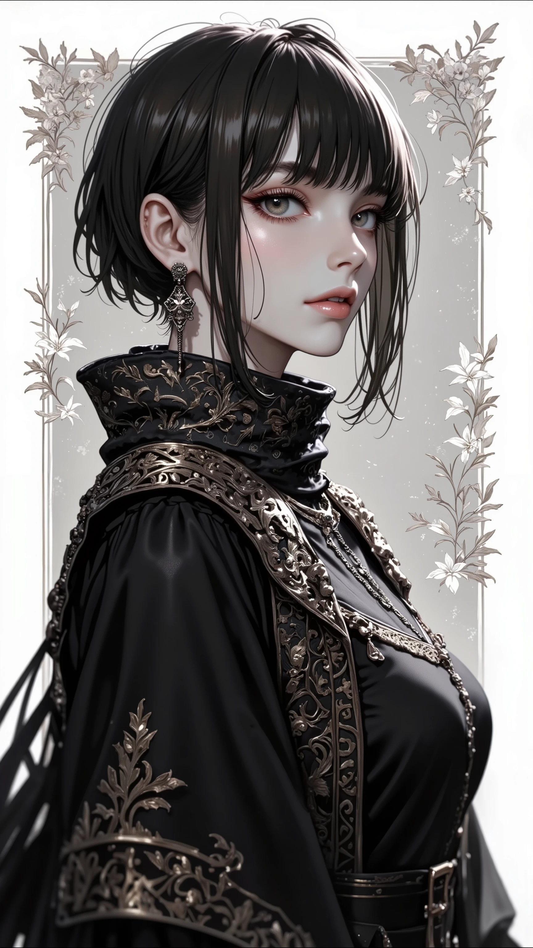((top quality)),( ultra high definition ),(very well detailed),(Detailed Explanation),(( best CG )),(masterpiece),super detailed art,Amazing Painting Art,(Fashion Art with Delicate Details:1.5), woman, beautiful and well-groomed face, shaggy cut, sharp gaze, long coat, shoulder pad, Beautifully embroidered vest, Belt boots,
