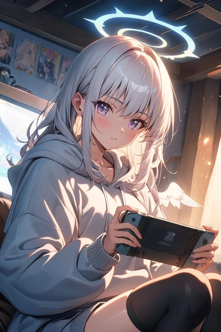 White hair, a purple eye, and soft, A girl studies in her room,In Studio Ghibli style