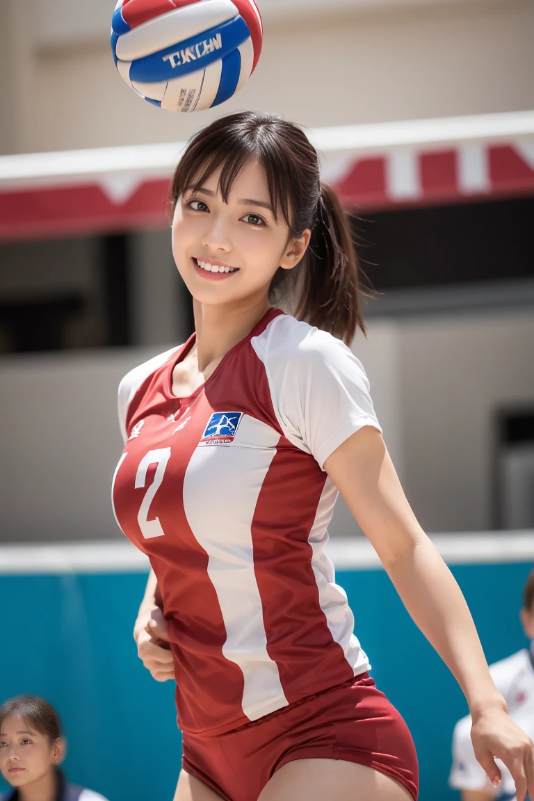 (Best-quality, Masterpiece, Ultra-High-Resolution, (Photorealistic:1.4), Raw Photo, depth of field, professional lighting), ((1girl, the most famous 15-years-old Japanese idol, standing at volleyball-court, arms up, innocent smile)), (((wearing volleyball uniform, detailed volleyball-uniform, short-sleeves uniform, volleyball-bloomers))), (extremely cute realistic-face like the most popular Japanese idol, ((extremely cute and extremely big eyes)), ((extremely realistic beautiful-skins))), (detailed realistic-long-hair), (detailed realistic-thighs)