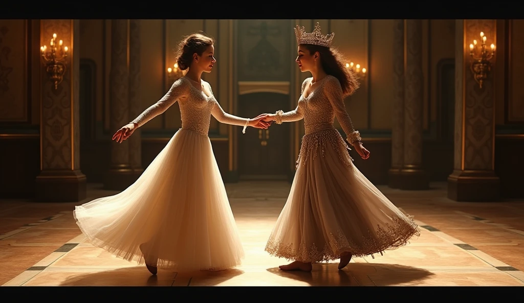 "A full-body shot of a (extra wide angle) in a dark low light medeval ballroom in an old palace. Super-big ballroom 2 queen twin sisters and their 10 friends with big light-colored eyes, super-long shiny blackest hair, white long hair also((Detailed face:1.2)), perfect beautiful teeth, perfect hands, five fingers on each hand, big breasts cleavage, most perfect eyes 1:1, white perfect skin, rosy cheeks. They are laying on the floor in a middle of a super-enormous ballroom 1:3 with sparkling pink cristals everywhere in the candelight 1:1 Wearing a layered black, white and gold ballroom dresses with lace and shiffon. leans bending to the side nonchalantly beside a black thrown. On their head is a gold crown, adorned with pink crystals 1:1. They are laughing and laughing at eachother and rolling around the floor. A white cat lounges on the floor in front of her 1:1, while a blue bird perches atop the throne. The scene includes a elegant, extraordinairy beautiful gothic empresses, striking a bendover poses, excited and laughing. their long black hair flowing all around. Having fun.Embodying a beautiful yet disheveled gothic queens (Best Quality) (Detailed). The environment exudes a medieval fantasy vibe, with a big black intricate throne in a corner, a dark medeval chandelier with few candles hanging from the ceiling a very low romantic lighting. In a fantastic scene that uses 3D Surreal 3D model. Big gold gothic medieval five armed candlesticks sit on a blacktable, surrounded by crystal wine glasses—one tipped over and another half-full of wine. The entire setup is Best Quality, masterpiece yet regal, capturing the essence of a beautiful and happy girls, fantastical gothic setting, moist. Low lighting under neath, framed with the grandeur of medieval gothic style. photographed in a Canon EOS R5, 50mm Lens, F/2.8, nffsw, (8K)"